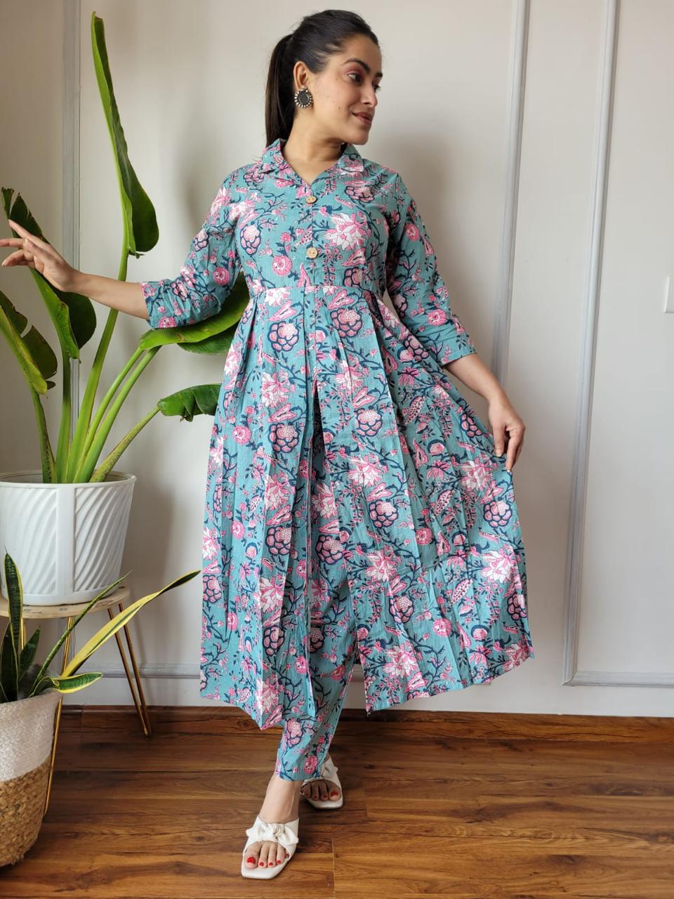 Blue Pink Floral Bagru Print Suit Set