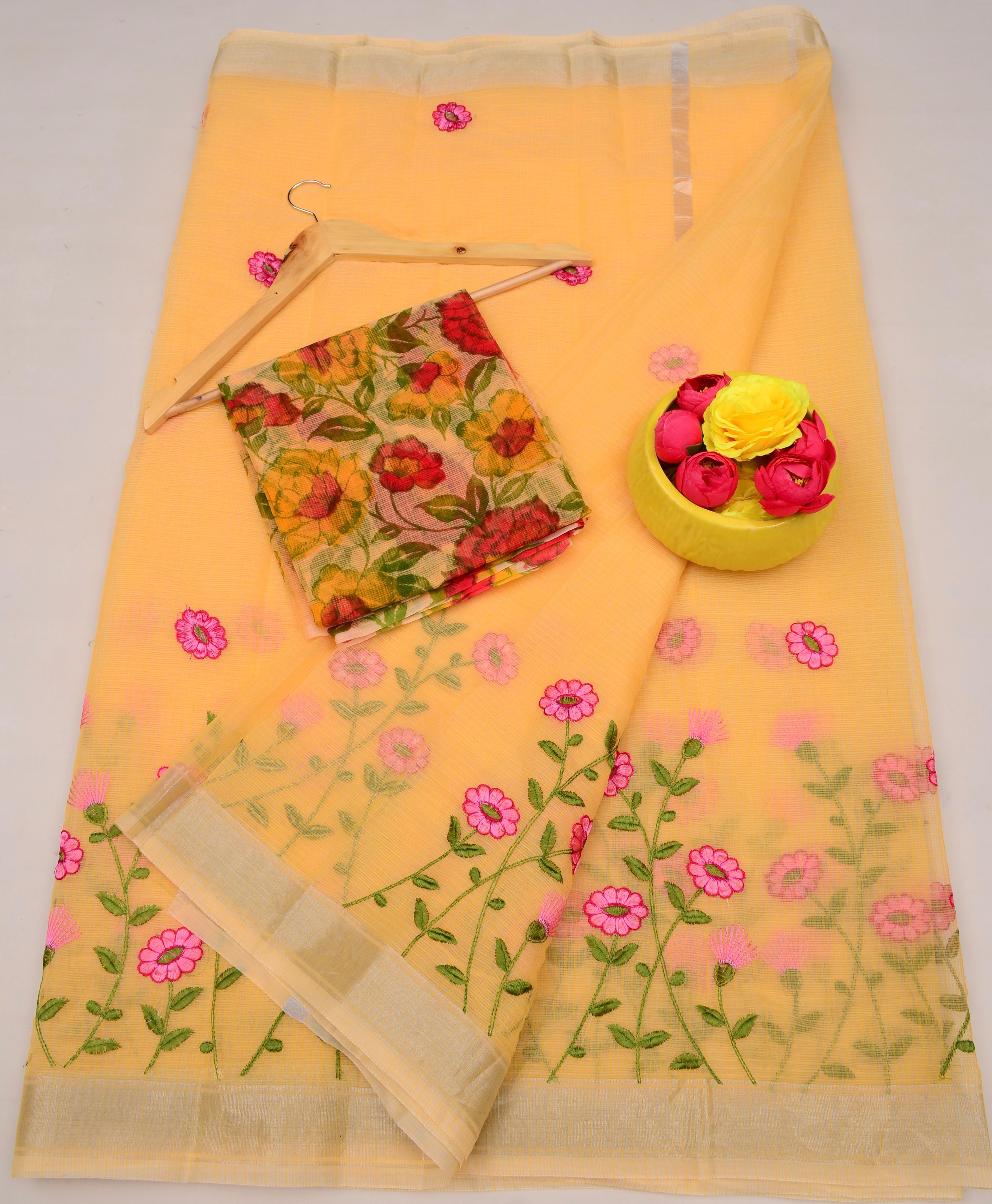 Yellow Kota Doria Embroidery Work Saree