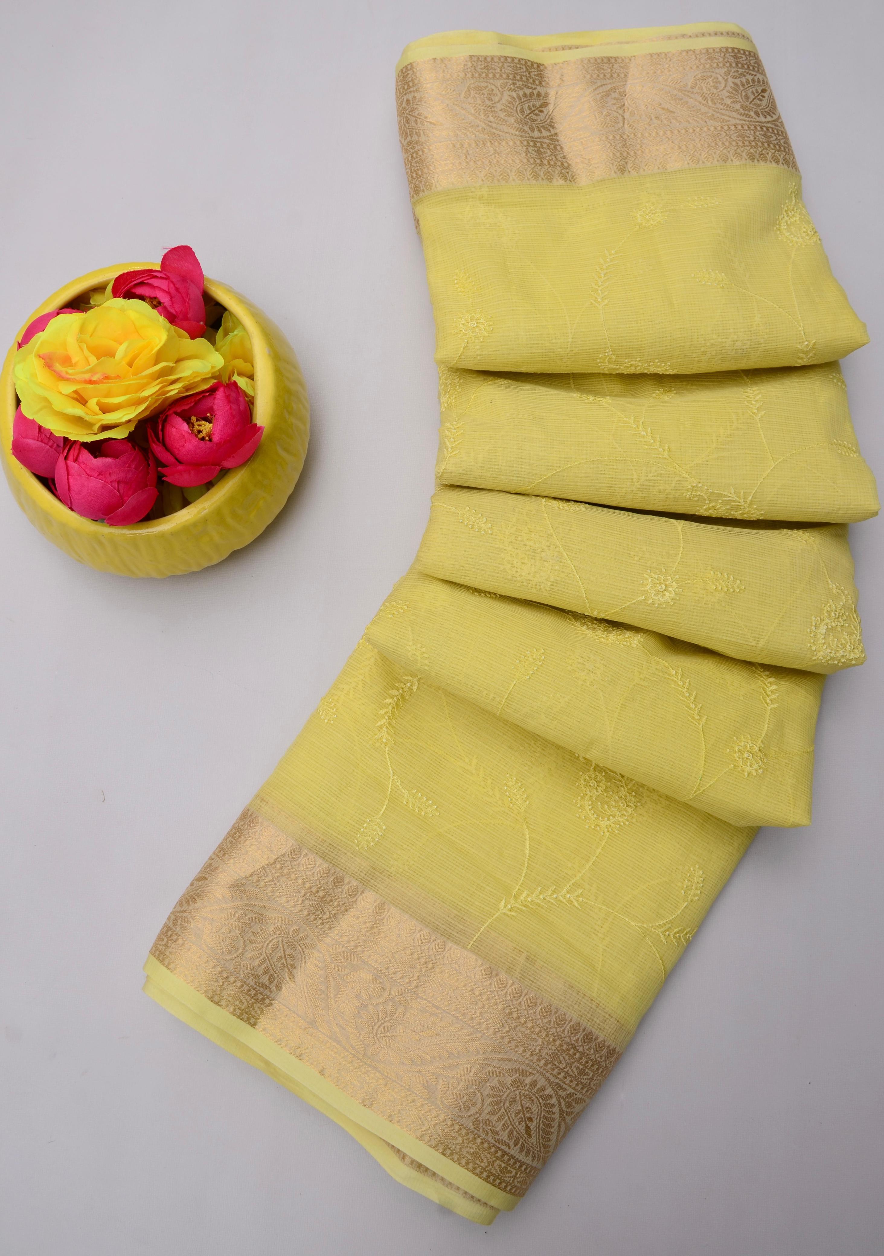 Yellow Kota Doria All Over Embroidery Work Saree