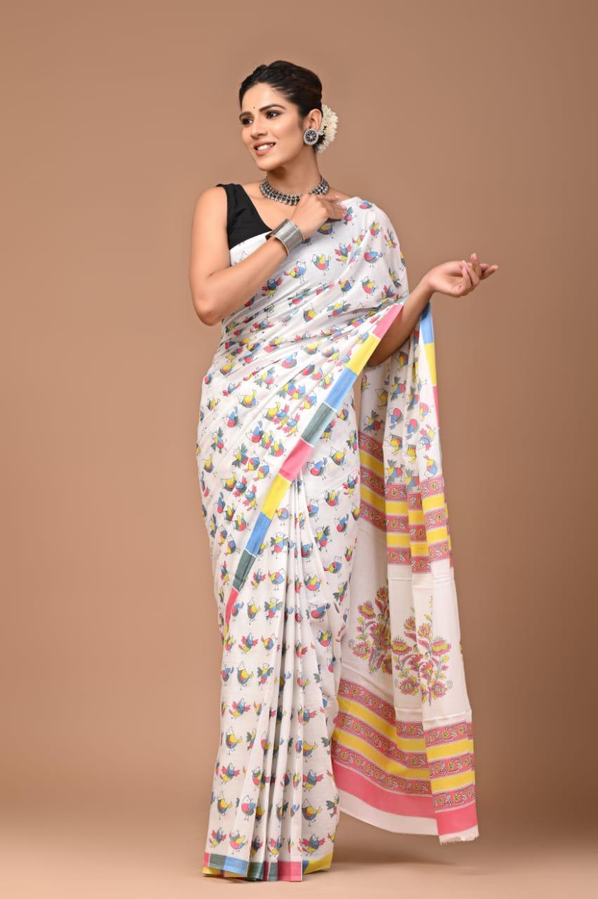 Multicolor on white hand block print mul mul saree