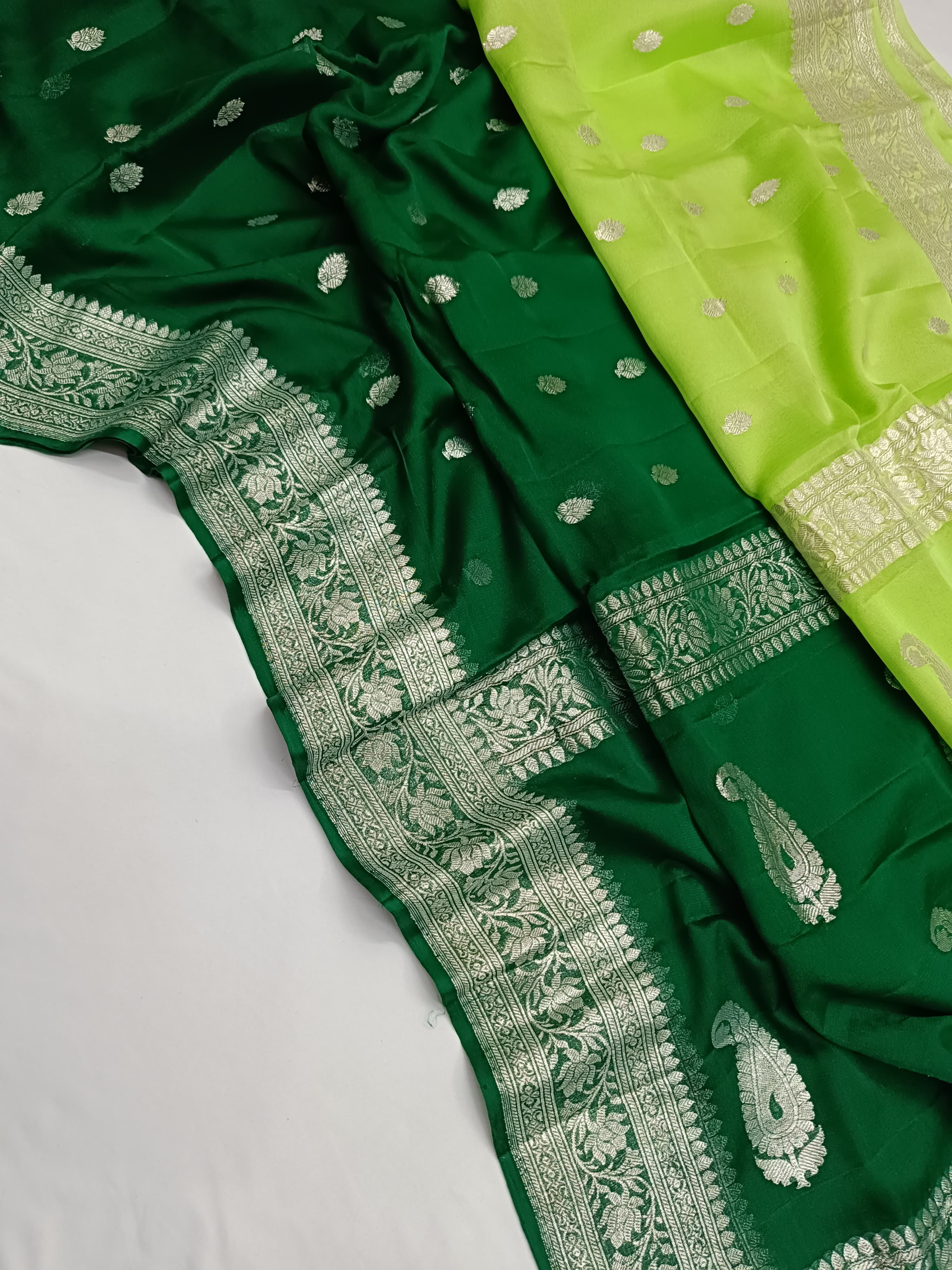 Deep Green And Lime Green Banarasi Khaddi Georgette Jaal Saree