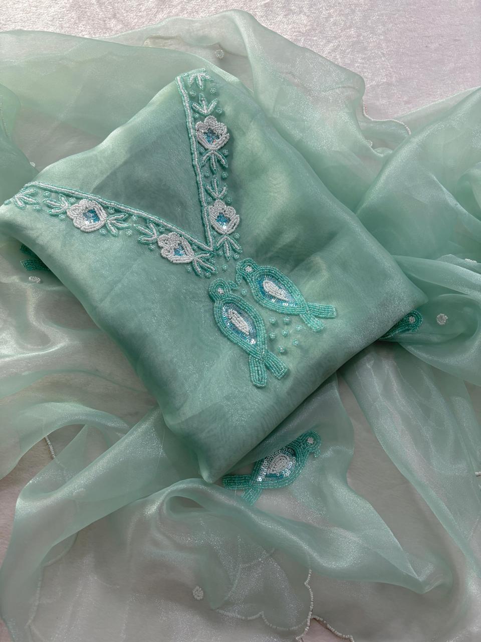 Pastel Green Organza Suit With Beautiful Pearl Neck Work
