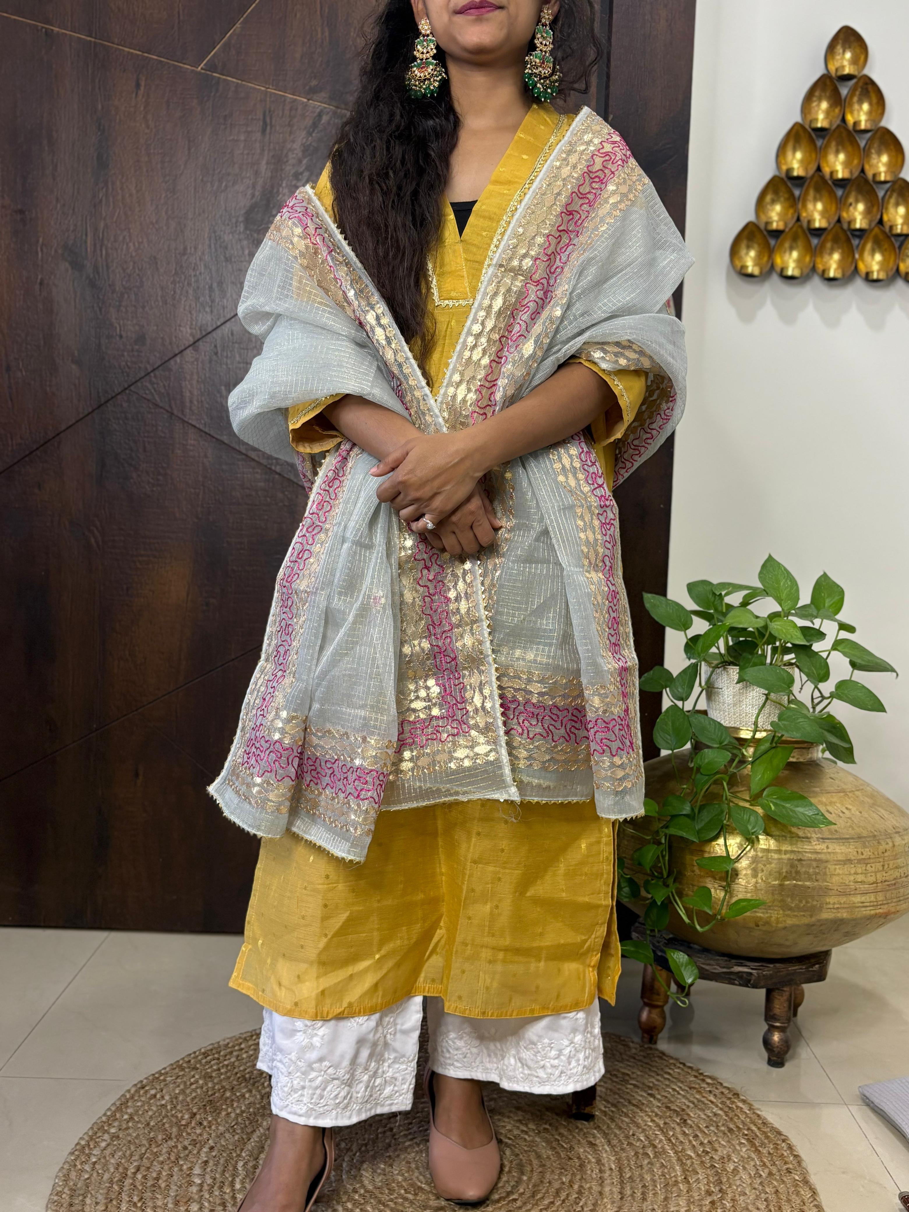 Grey Kota Doria Heavy Gota Patti Work Dupatta