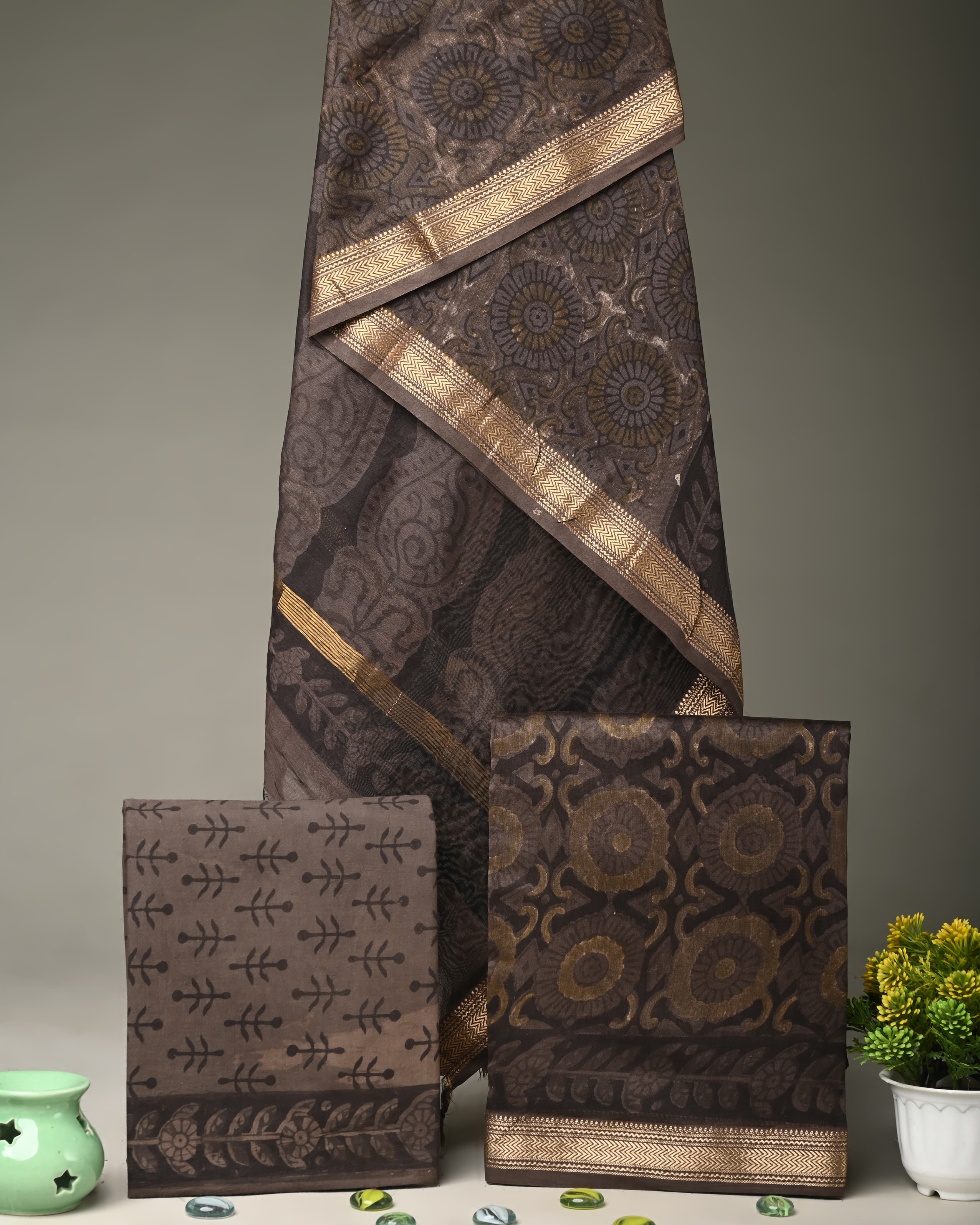 Linear Brown Maheshwari Silk Salwar Suit Material