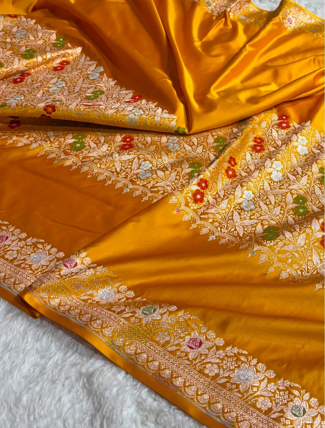 Mustard Yellow Banarasee Meenakari Silk Saree with Centre Design work