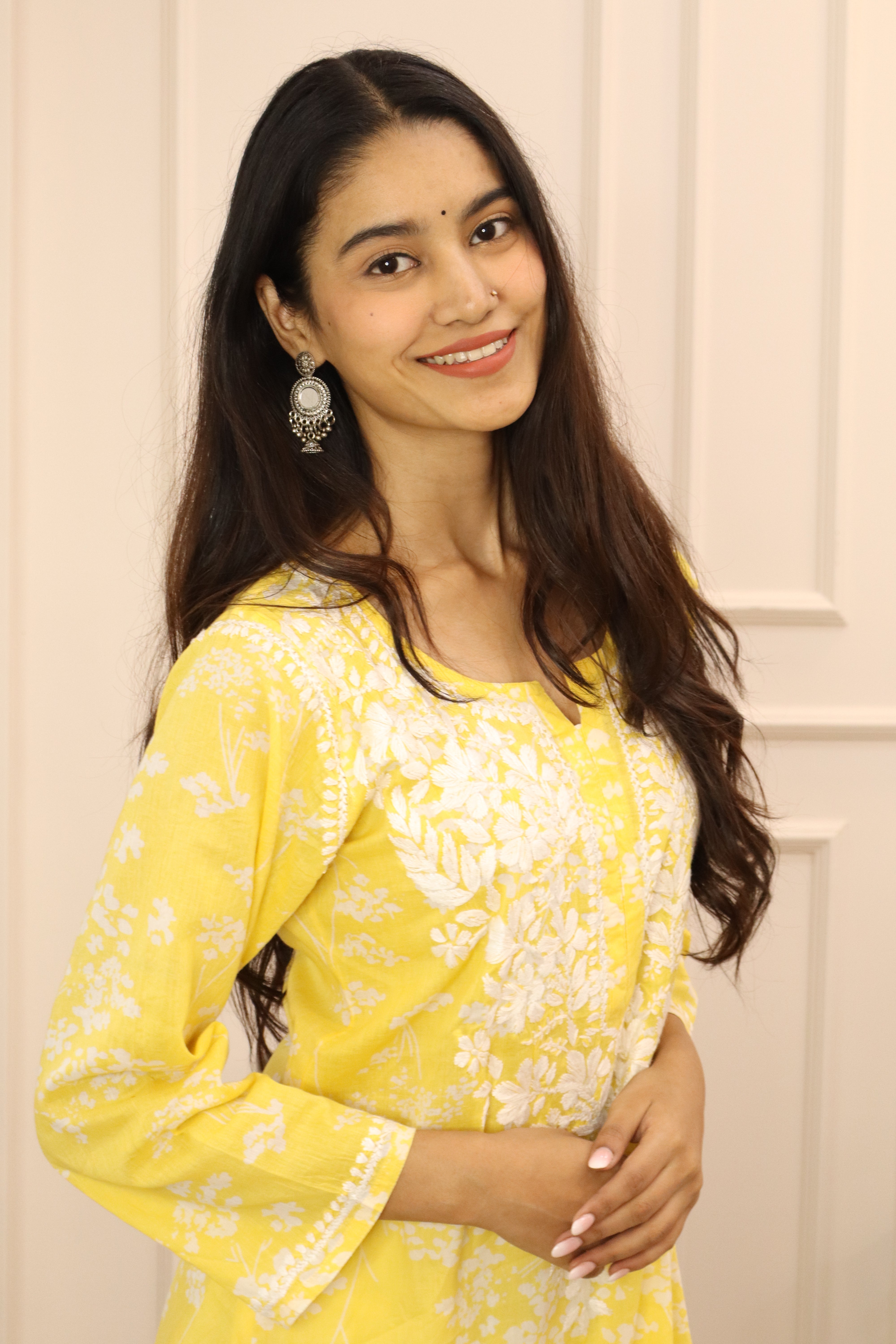 Yellow  floral mul cotton chikankari kurti (only kurti)