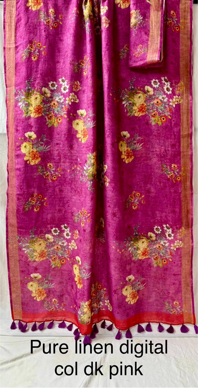 Ditya Pink Floral Pure Linen Saree