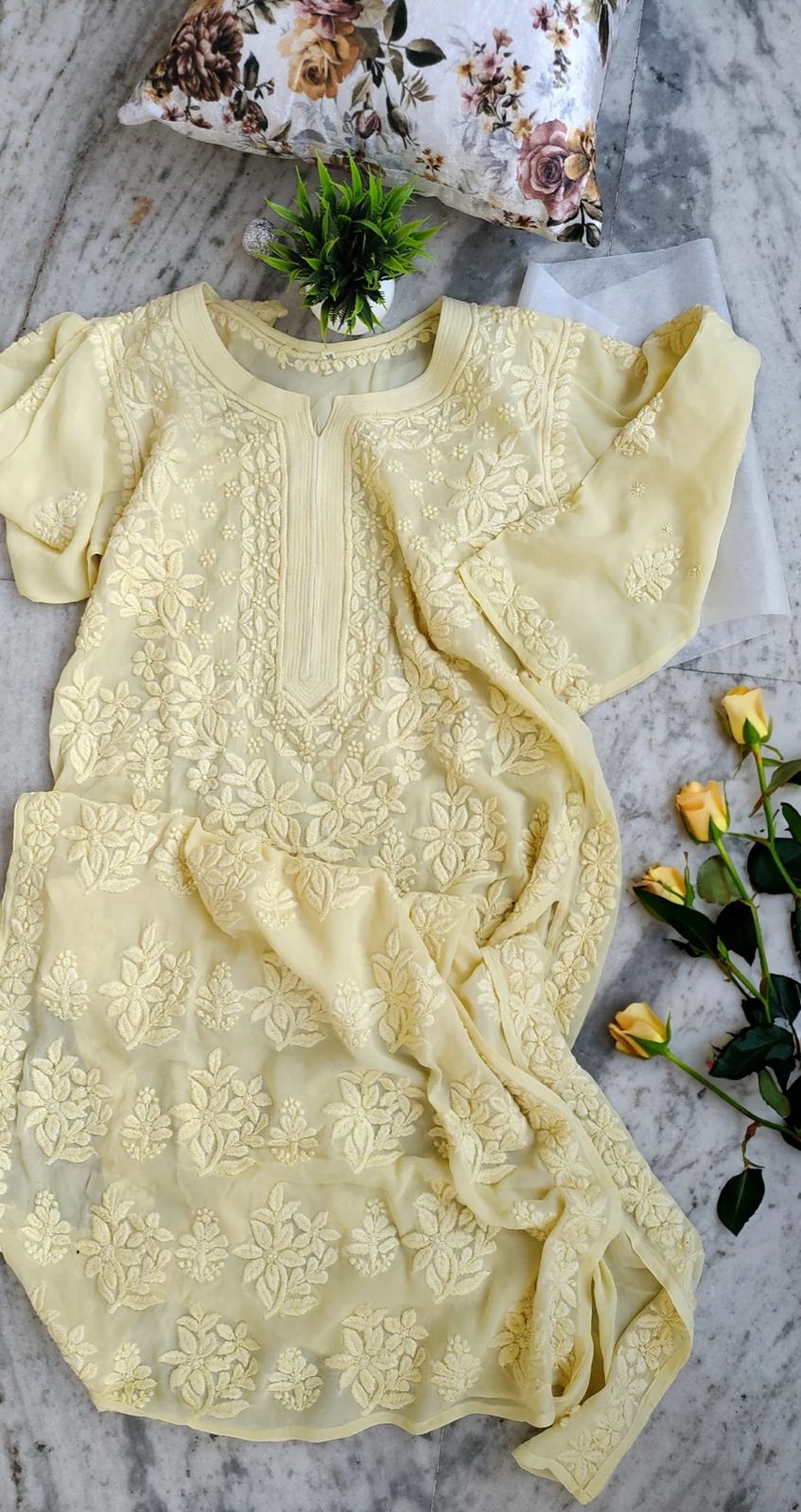 Yellow Viscose Georgette Chikankari Embroidery work kurti (only kurti)