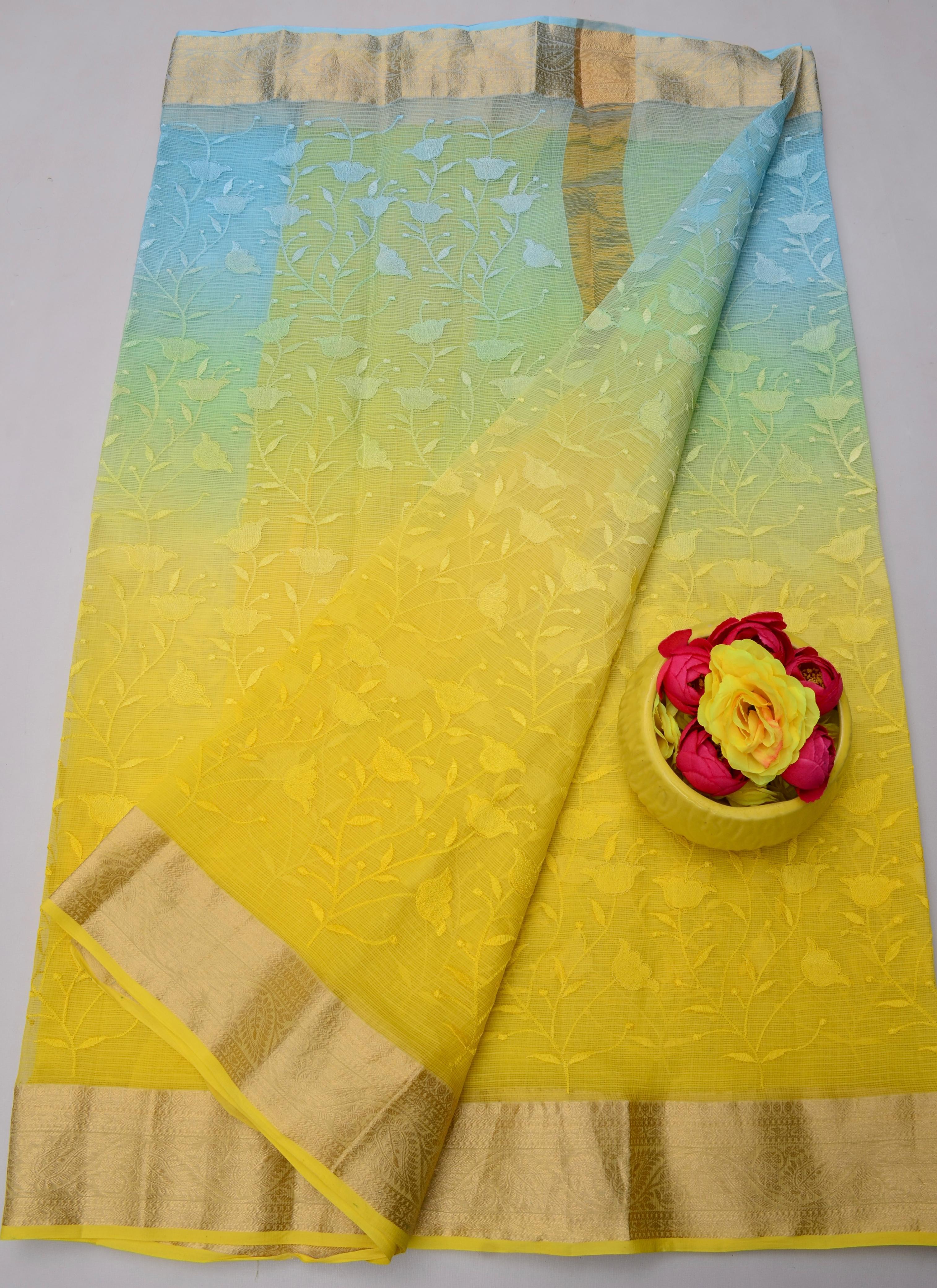 Blue & Yellow Kota Doria All Over Embroidery Work Saree