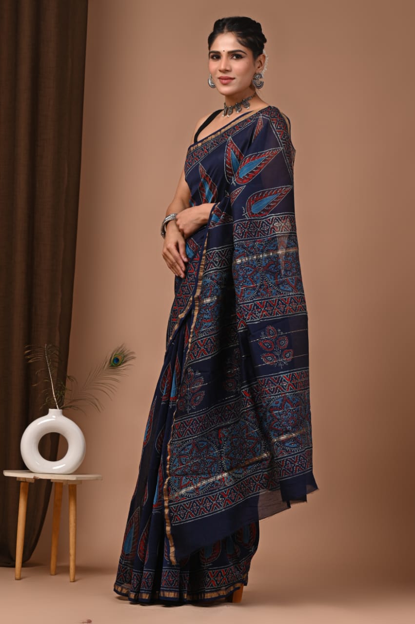 Blue Colour Chanderi Hand Block Printed  Saree