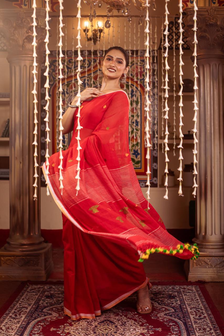 Red Premium Mulmul Cotton Hand Crafted Saree