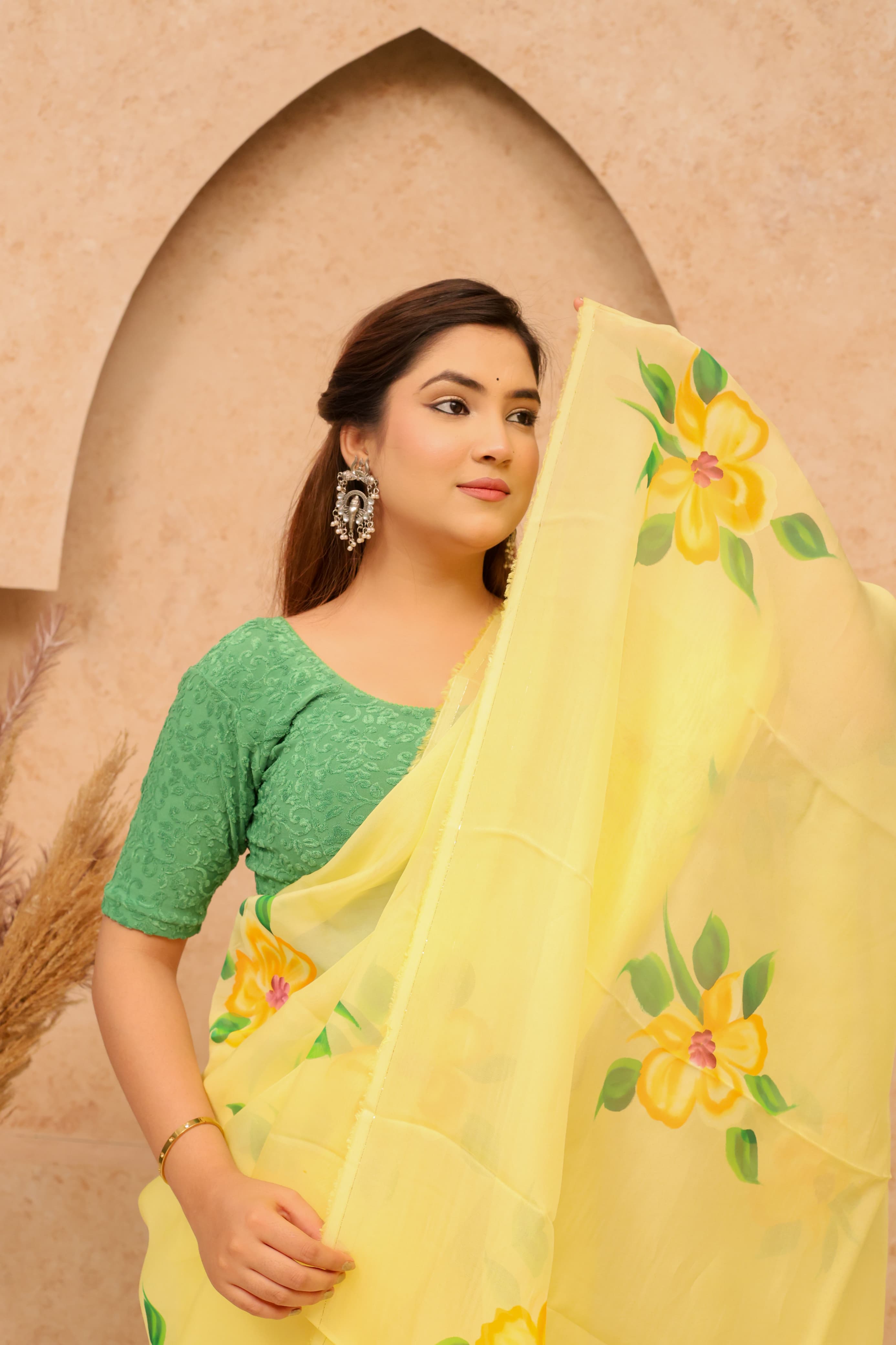 Yellow Organza Hand Painted Saree