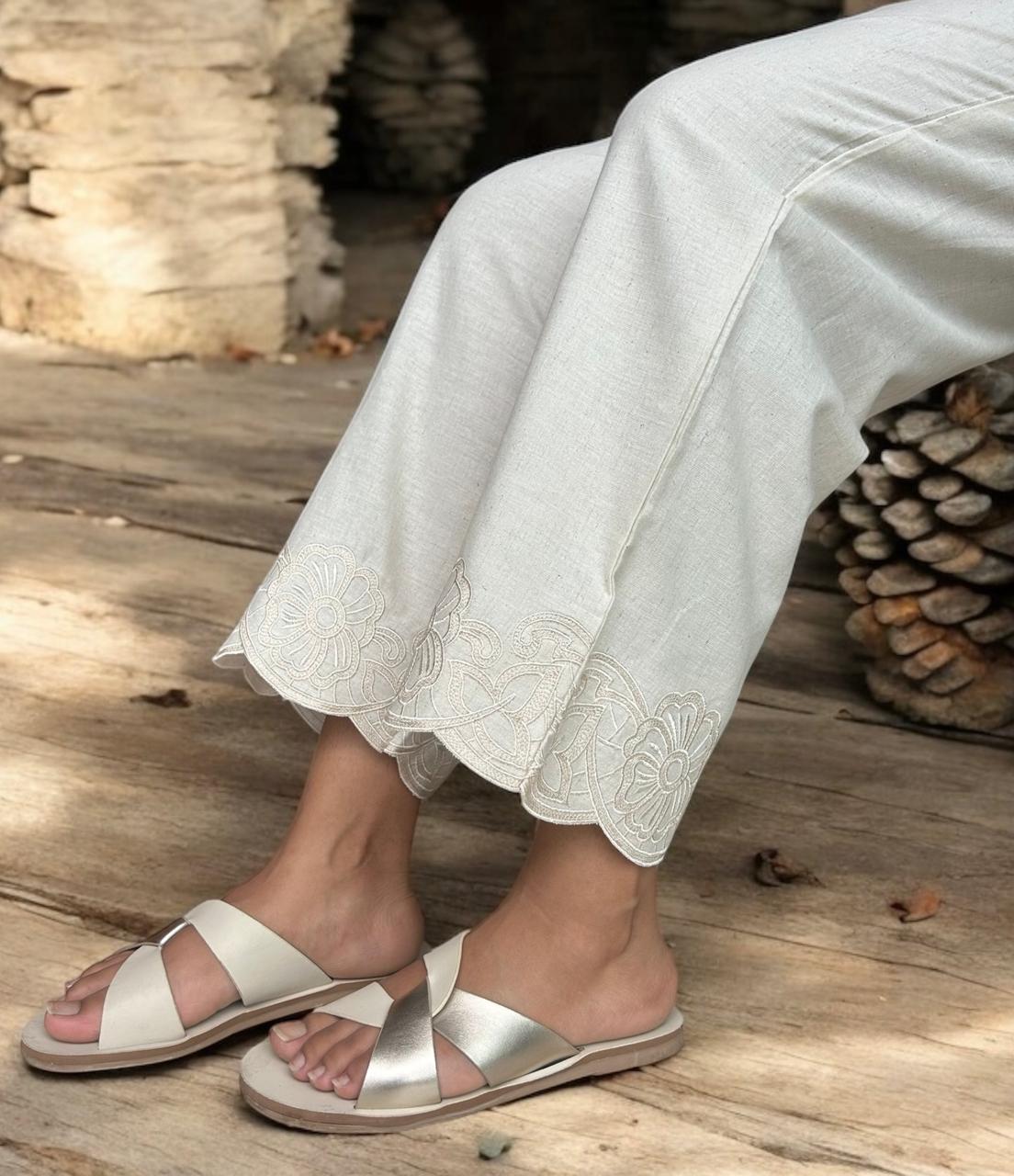 Cream Embroidery Straight Pant In Cotton For Women