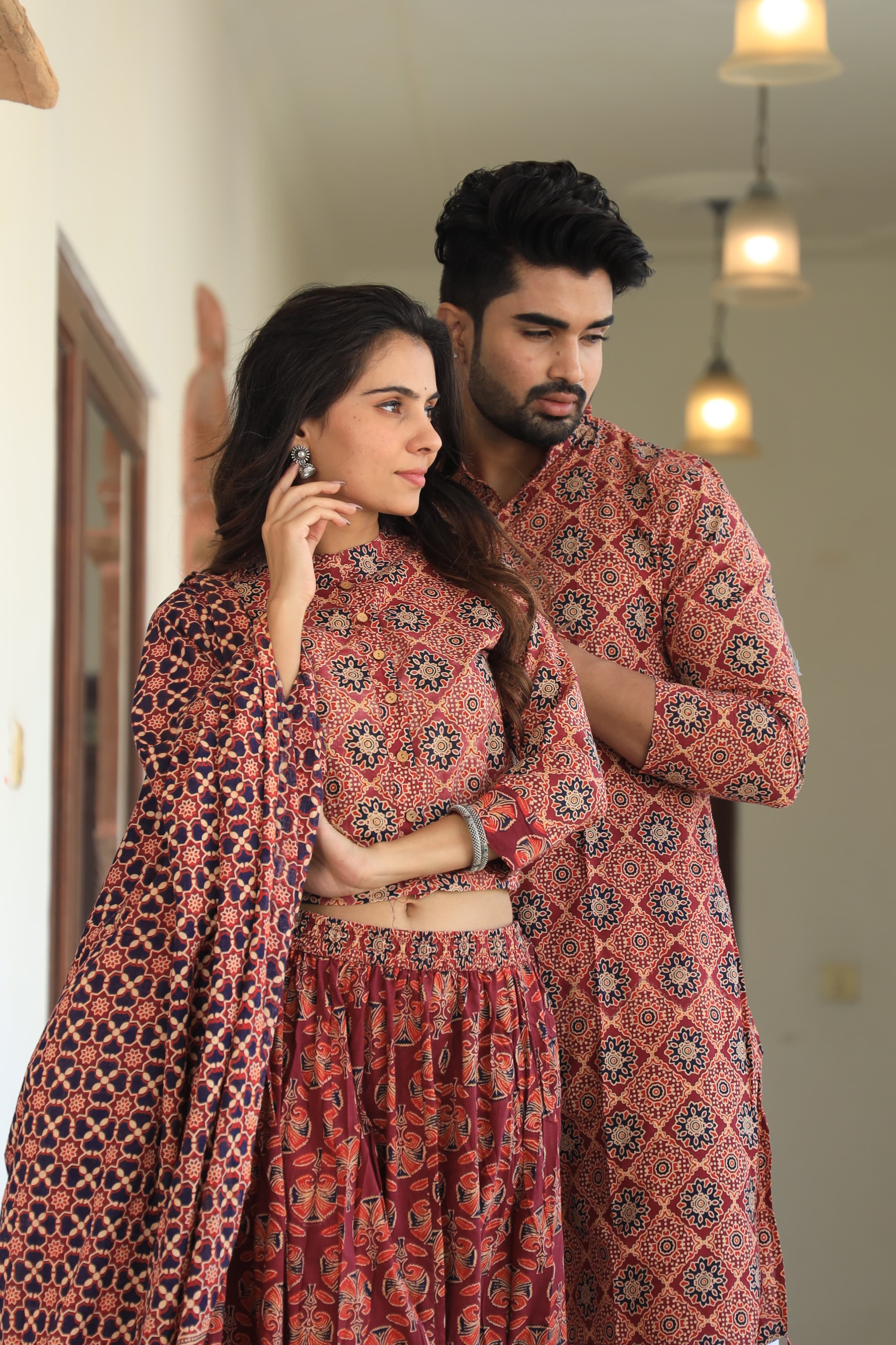 Red colour Pure Cotton Twinning Couple Set In Block Print
