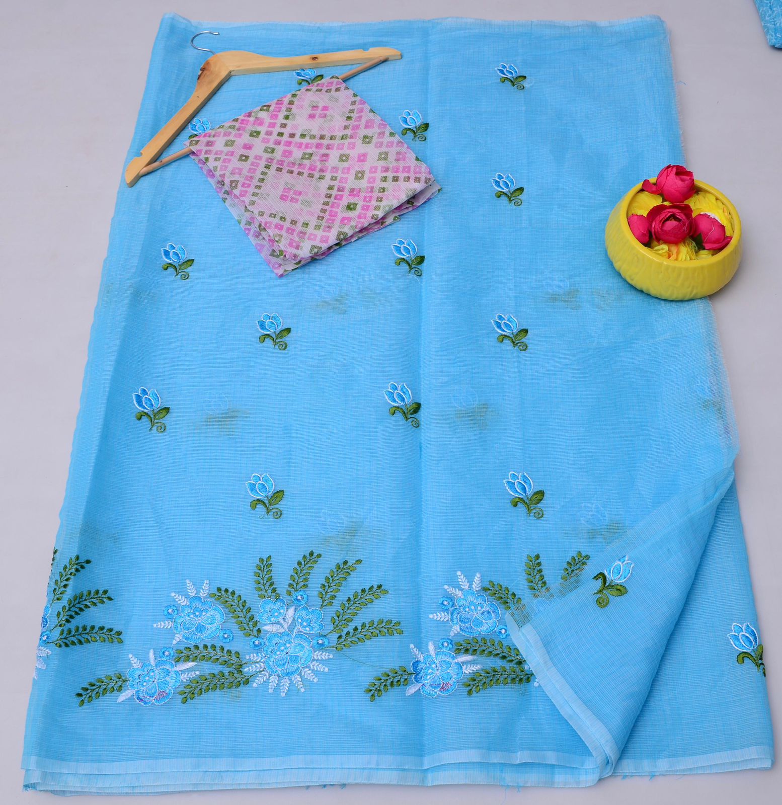 Blue Kota Doria Embroidery Work Saree