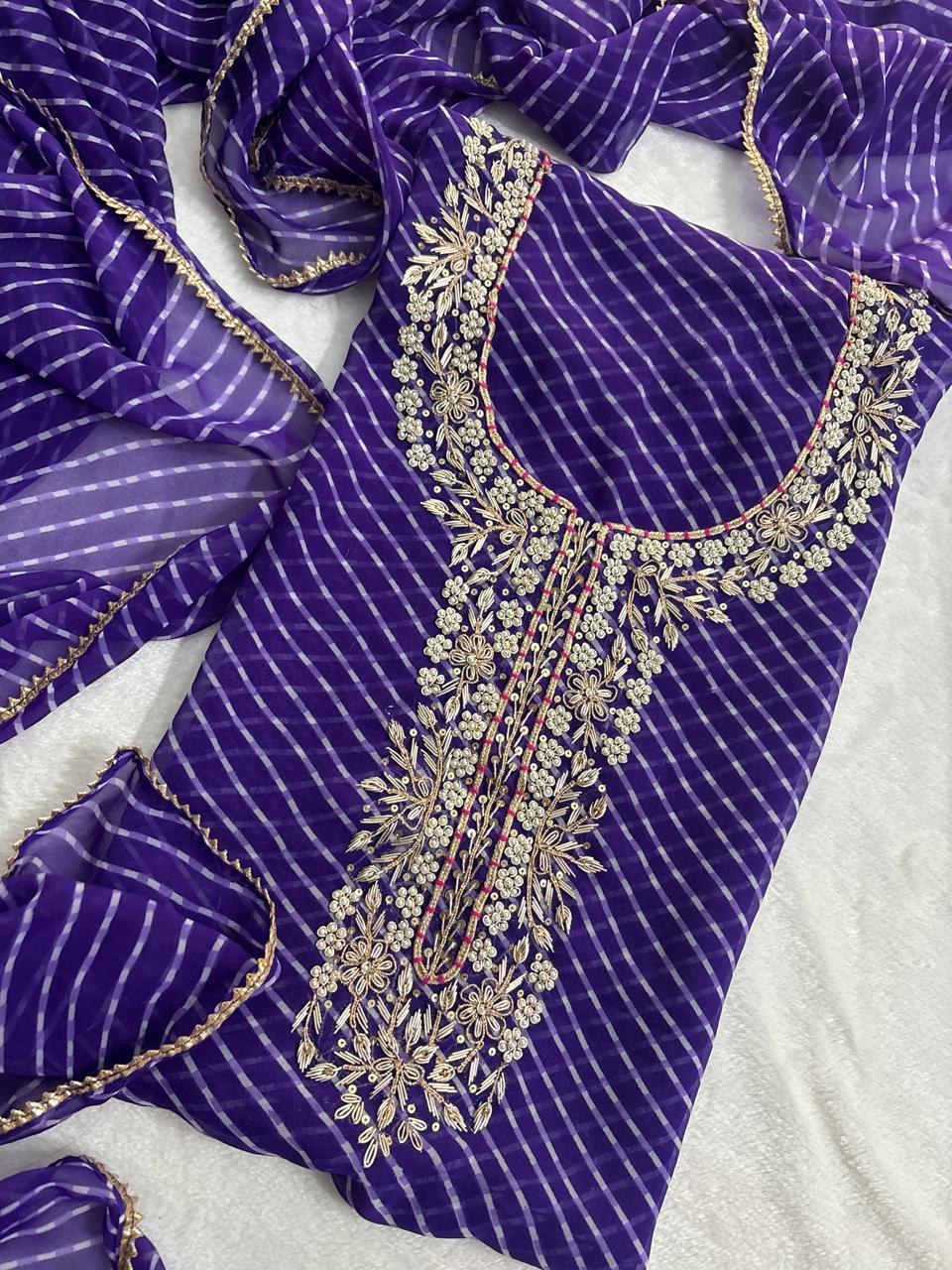 Beautiful Jamuni Color Leheriya Gota Patti Work Suit