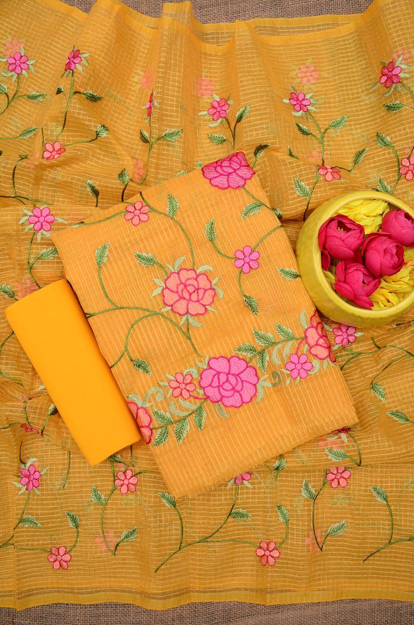 Kota Doria Embroidered Suit Set In Yellow (unstitched)