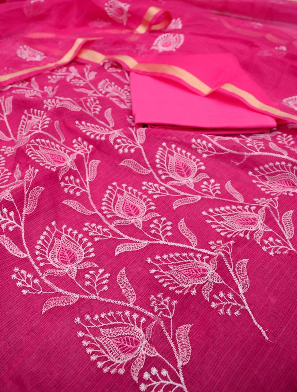 Kota Doriya Embroidery Work Suit In  Rani pink