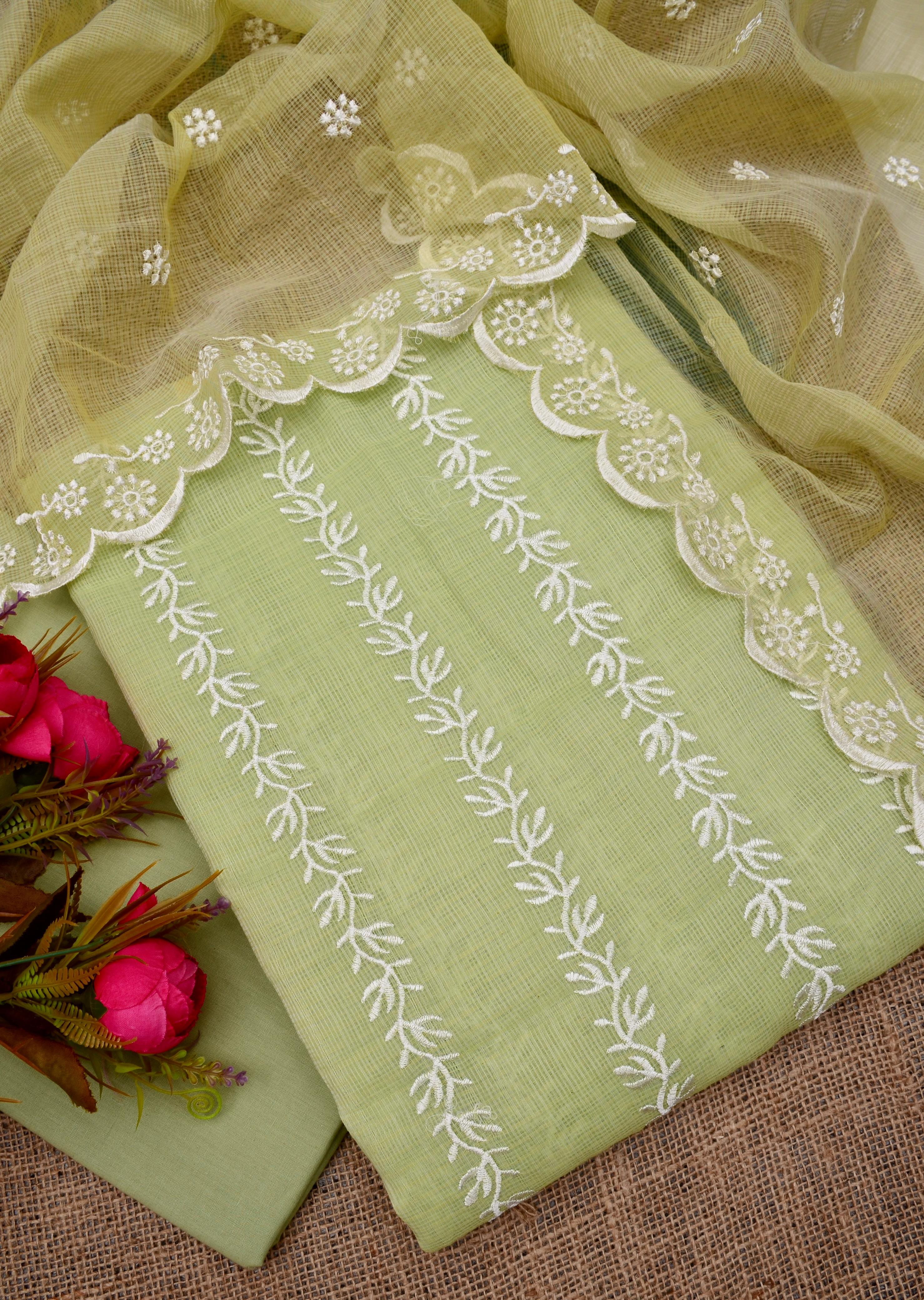 Kota Doriya Embroidery Work Suit In  Green