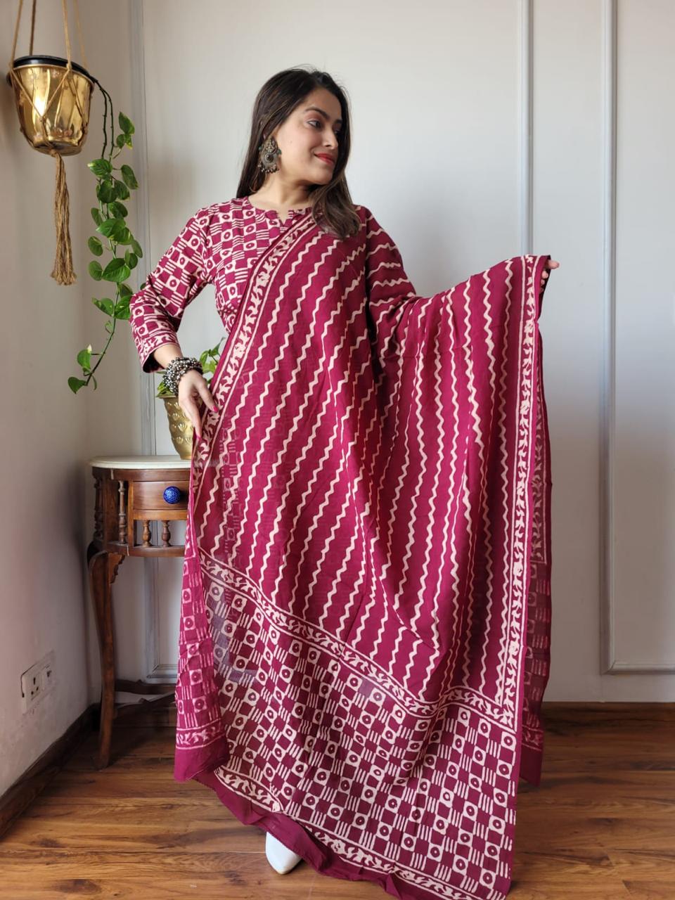 Maroon Block Print Suit Set And Dupatta