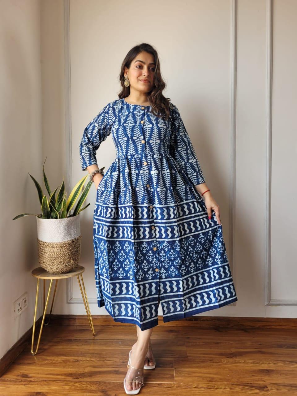Blue Bagru Print Cotton Dress