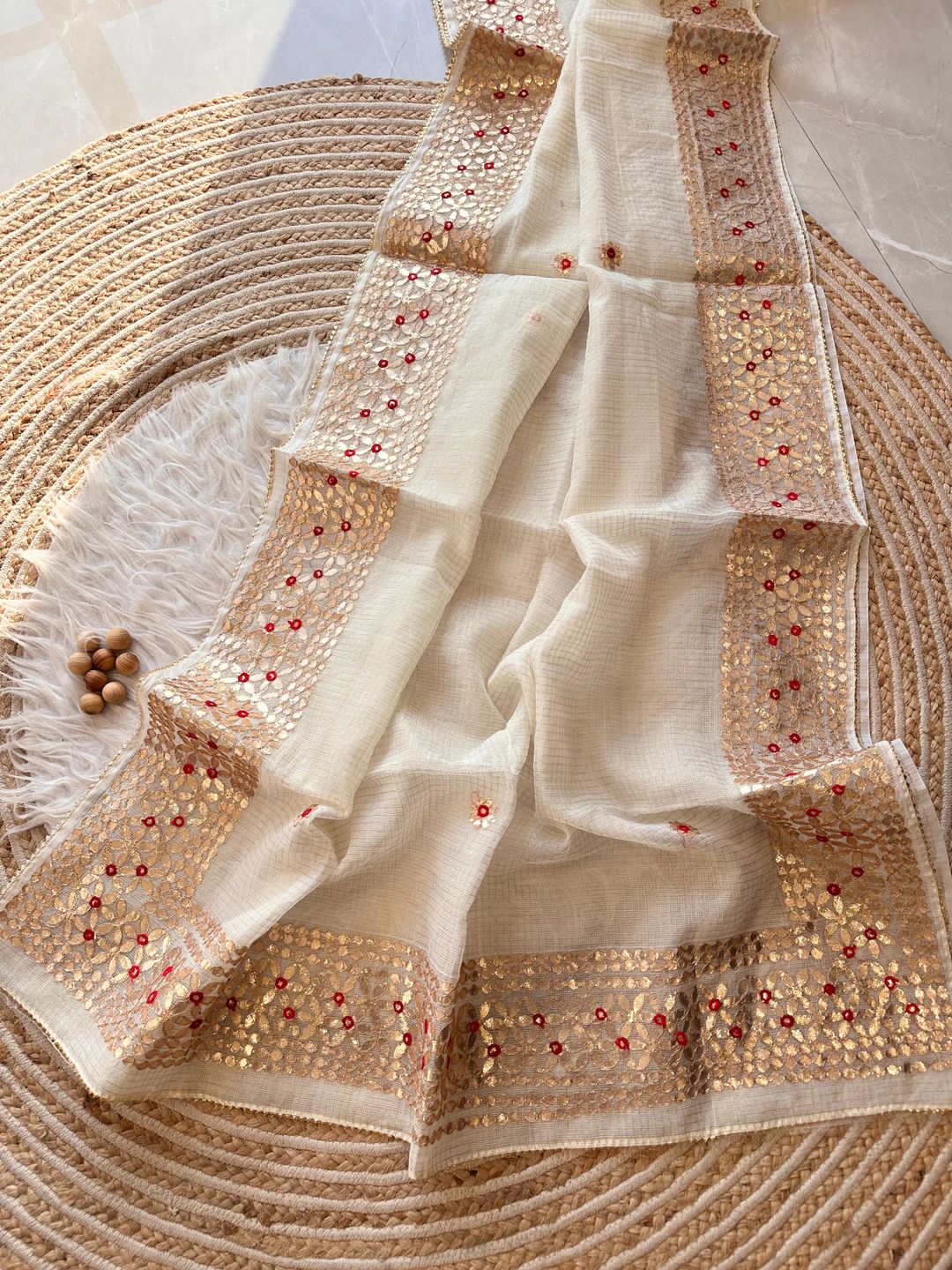 Padam- Off White Kota Doria Heavy Border Gota Patti Saree