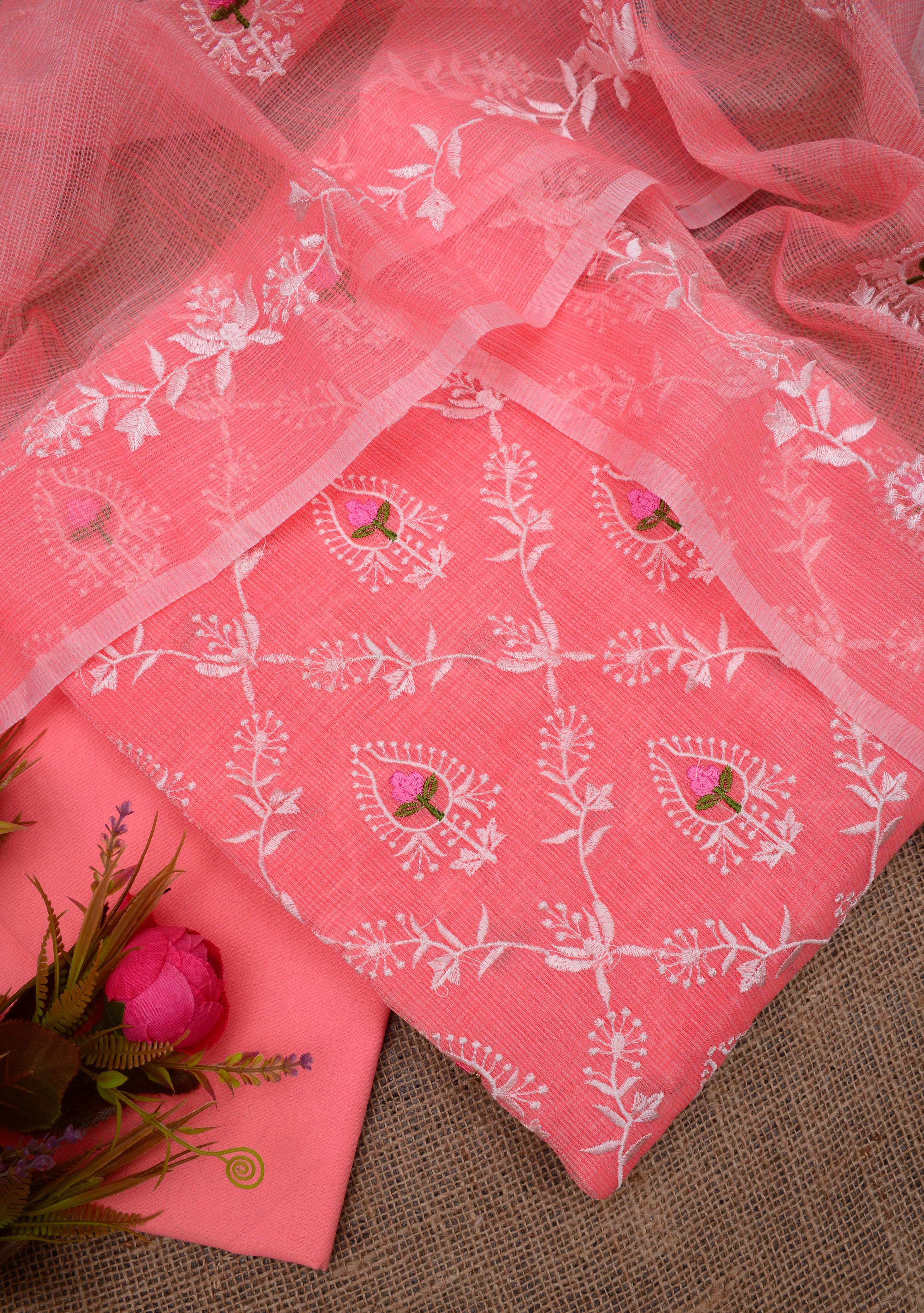 Pink  Embroided Kota Doria Suit Fabric With Dupatta