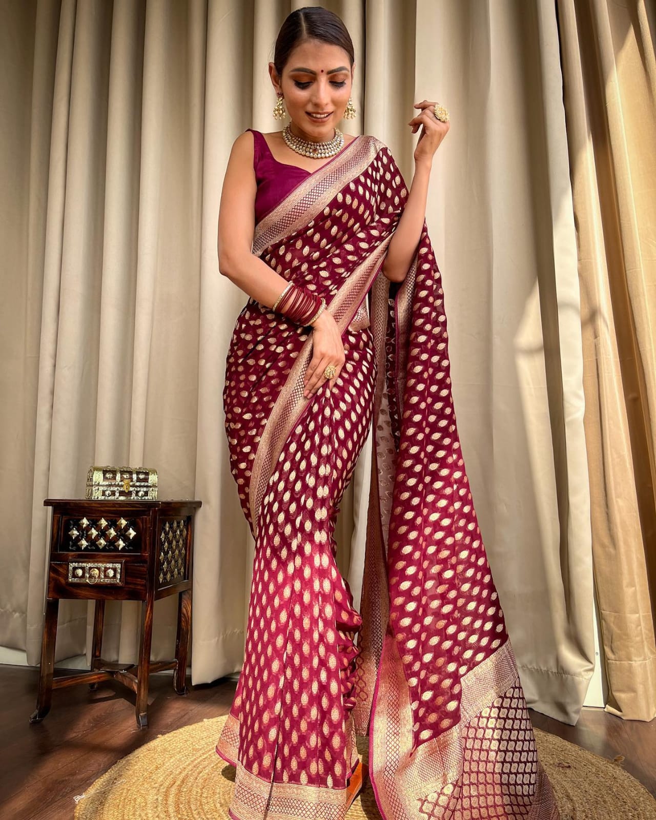 Maroon Banarasee Semi Georgette Booti Work Saree