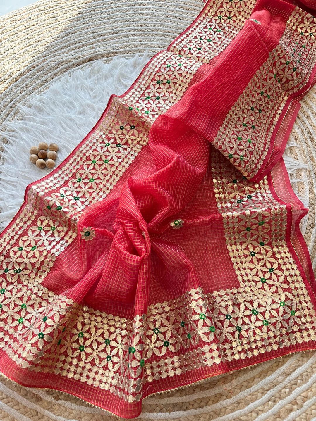Roothi- Red Kota Doria Heavy Border Gota Patti Saree