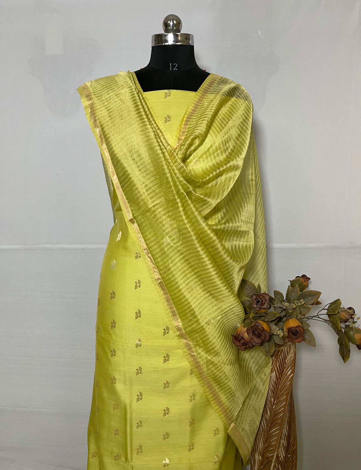 Yellow Suit in Chanderi Silk With Zari Weaving And Pure Kota Dupatta