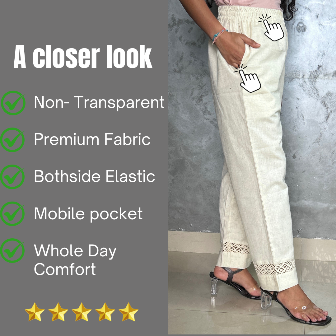 Cream Embroidery Straight Pant In Cotton For Women