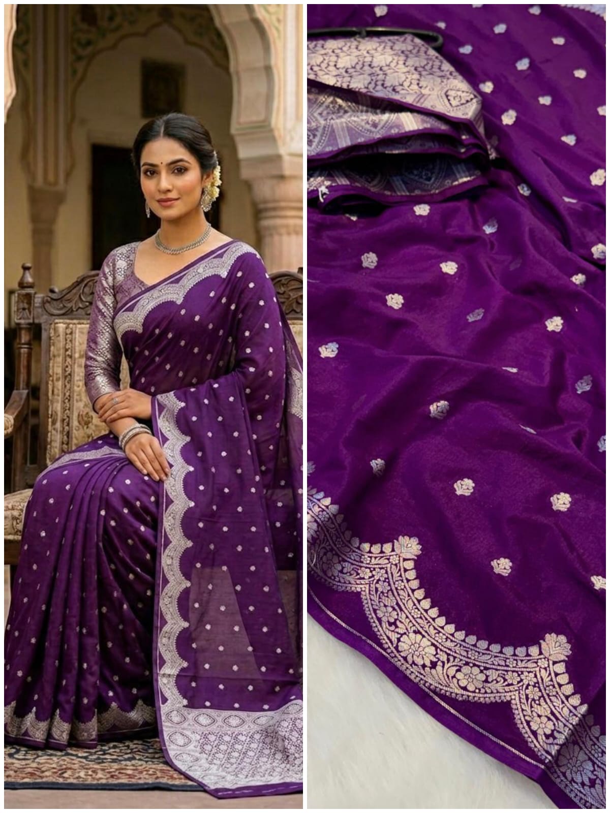 Banarasi Handloom Semi Kathan  Saree In Purple