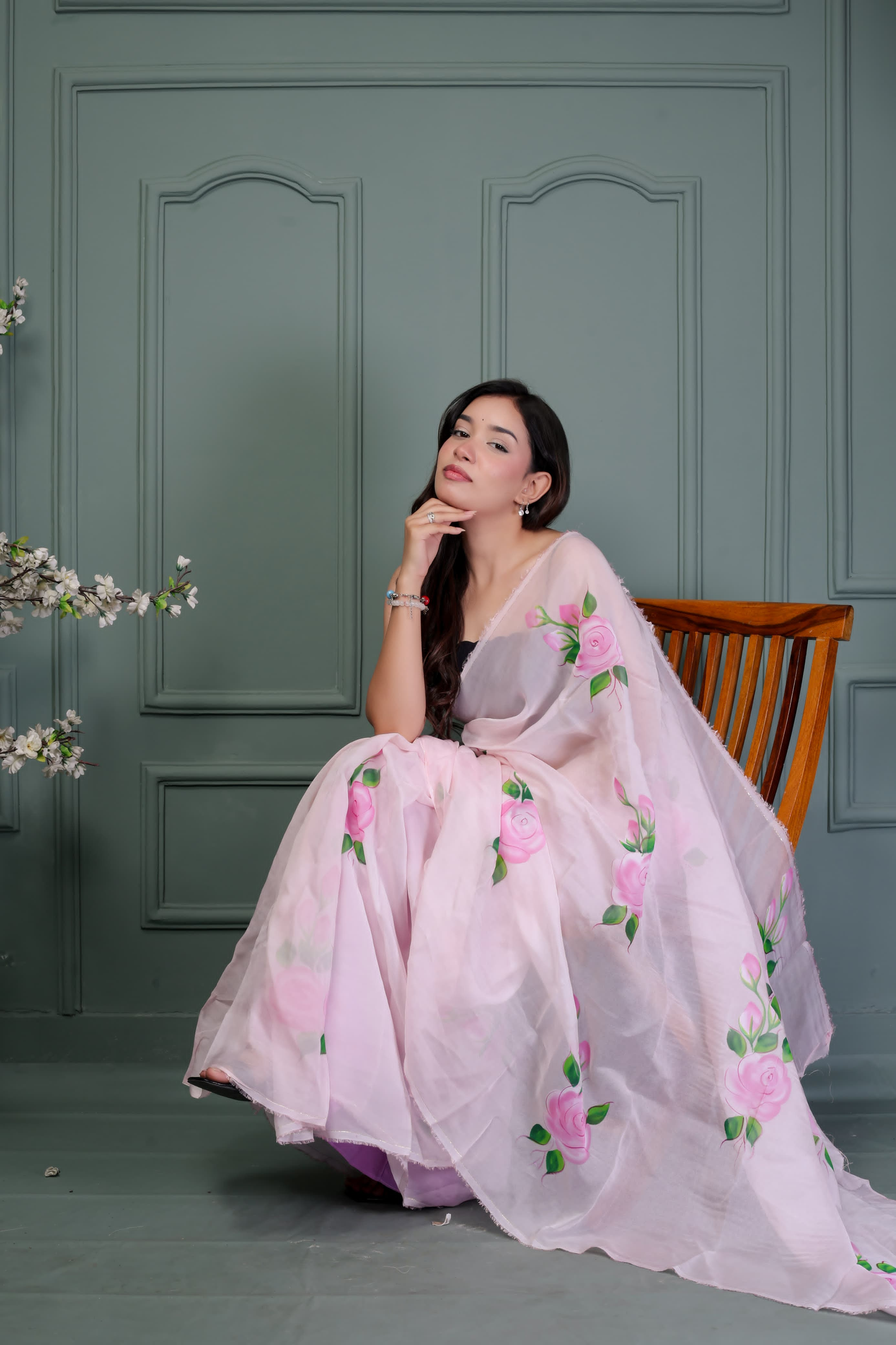 Organza Hand Painted Saree In pink