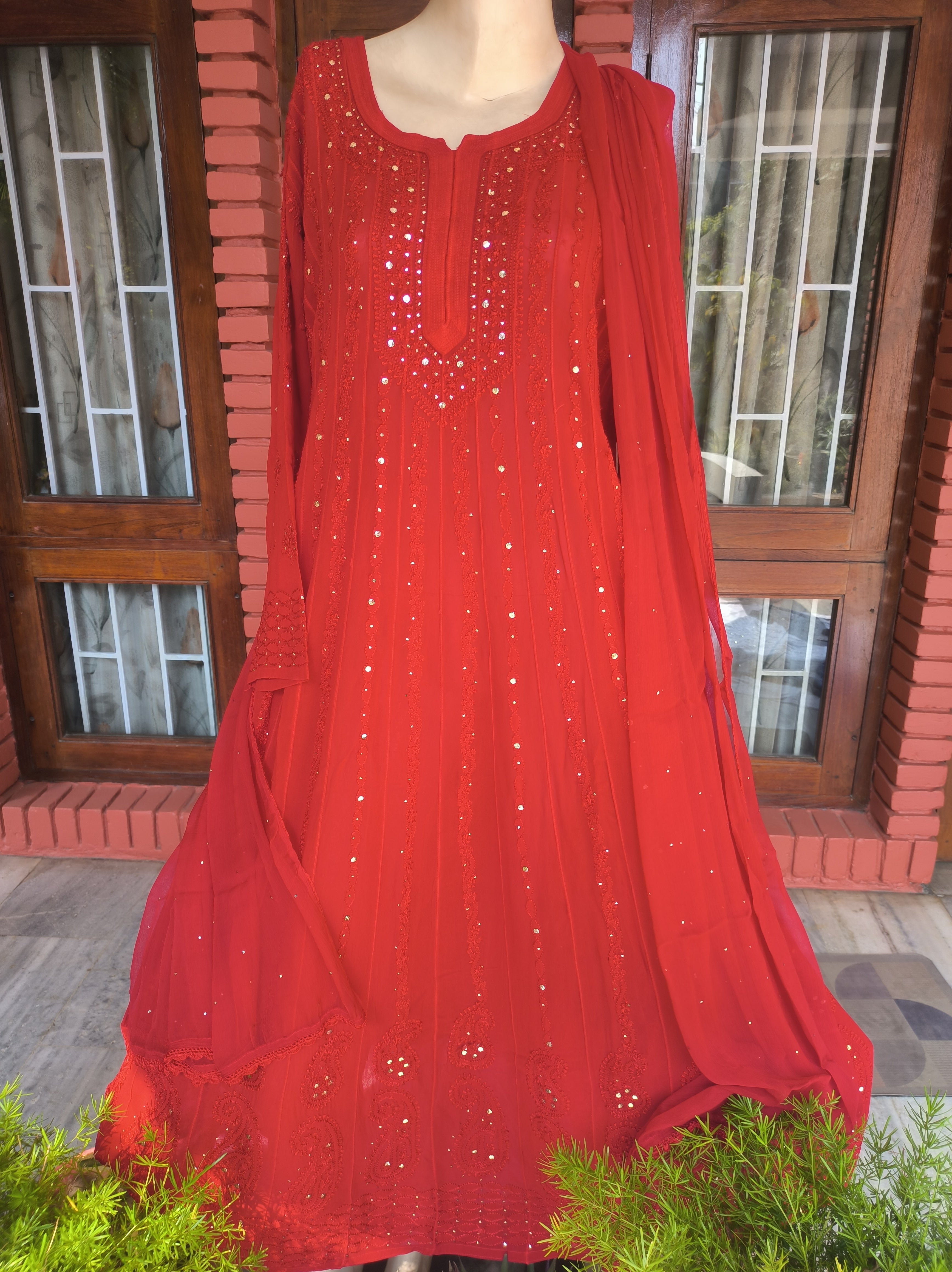 Red Lucknowi Chikankari Anarkali Gota Patti Salwar Suit (Semi stitched)