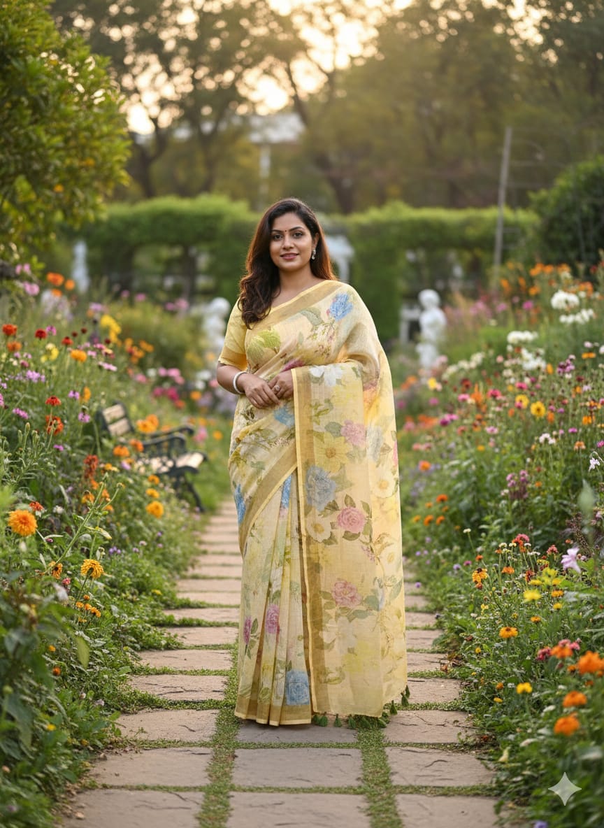 Samriddhi Yellow Floral Pure Linen Saree