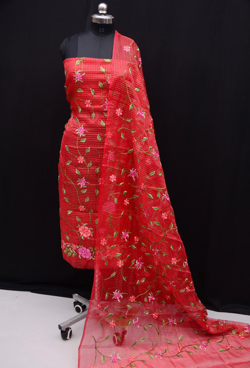 Kota Doria Embroidered Suit Set In Red (unstitched)