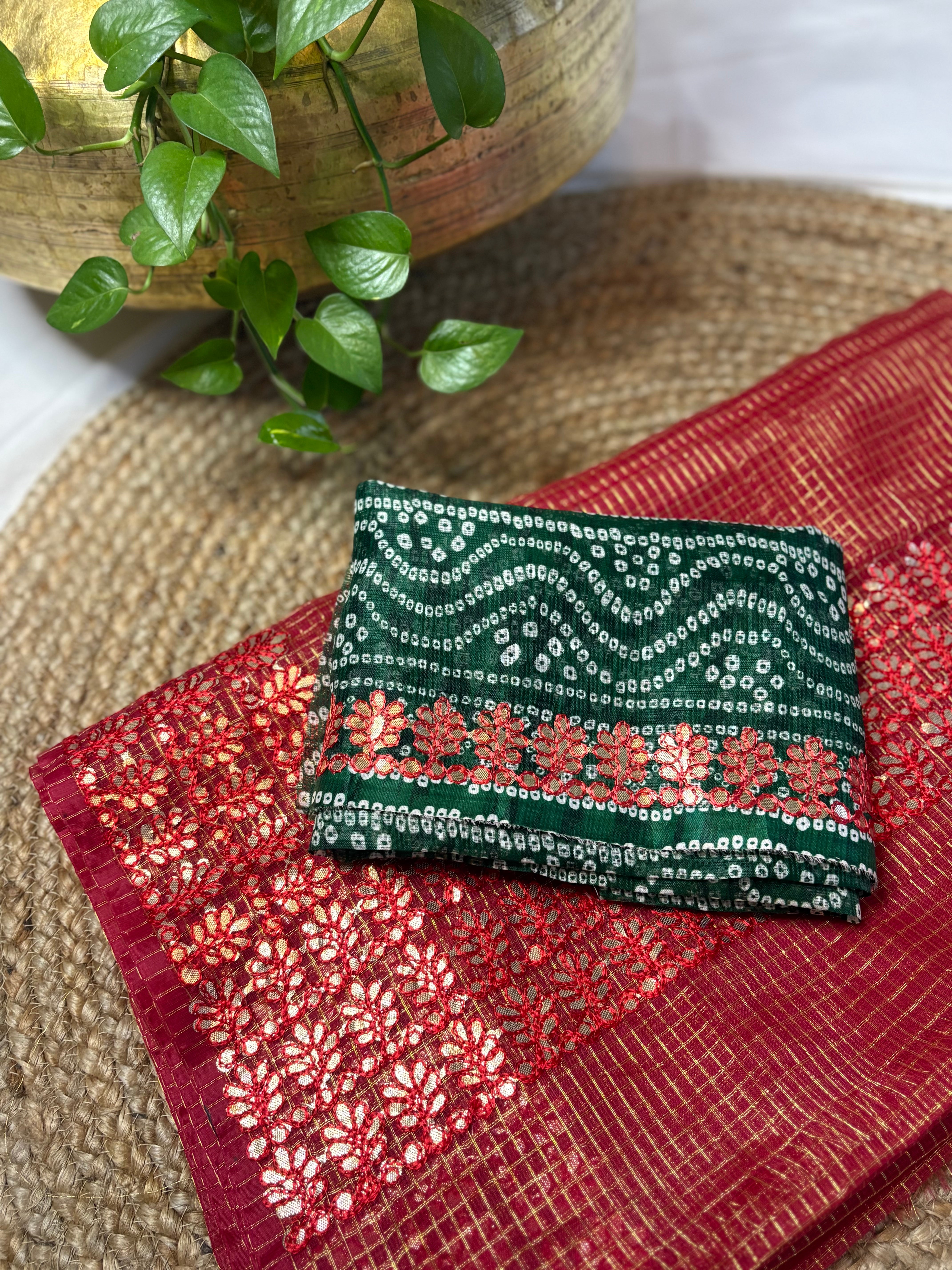 Gulbano Red Kota Doria Gota Patti Saree