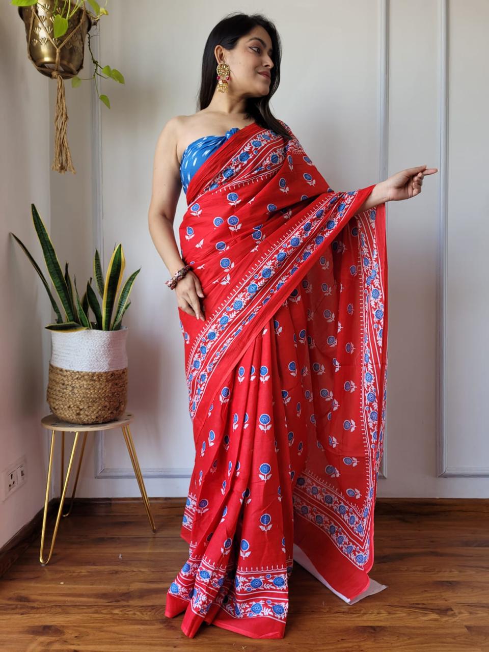 Red Spring Floral Hand Block Print MulMul Cotton Saree