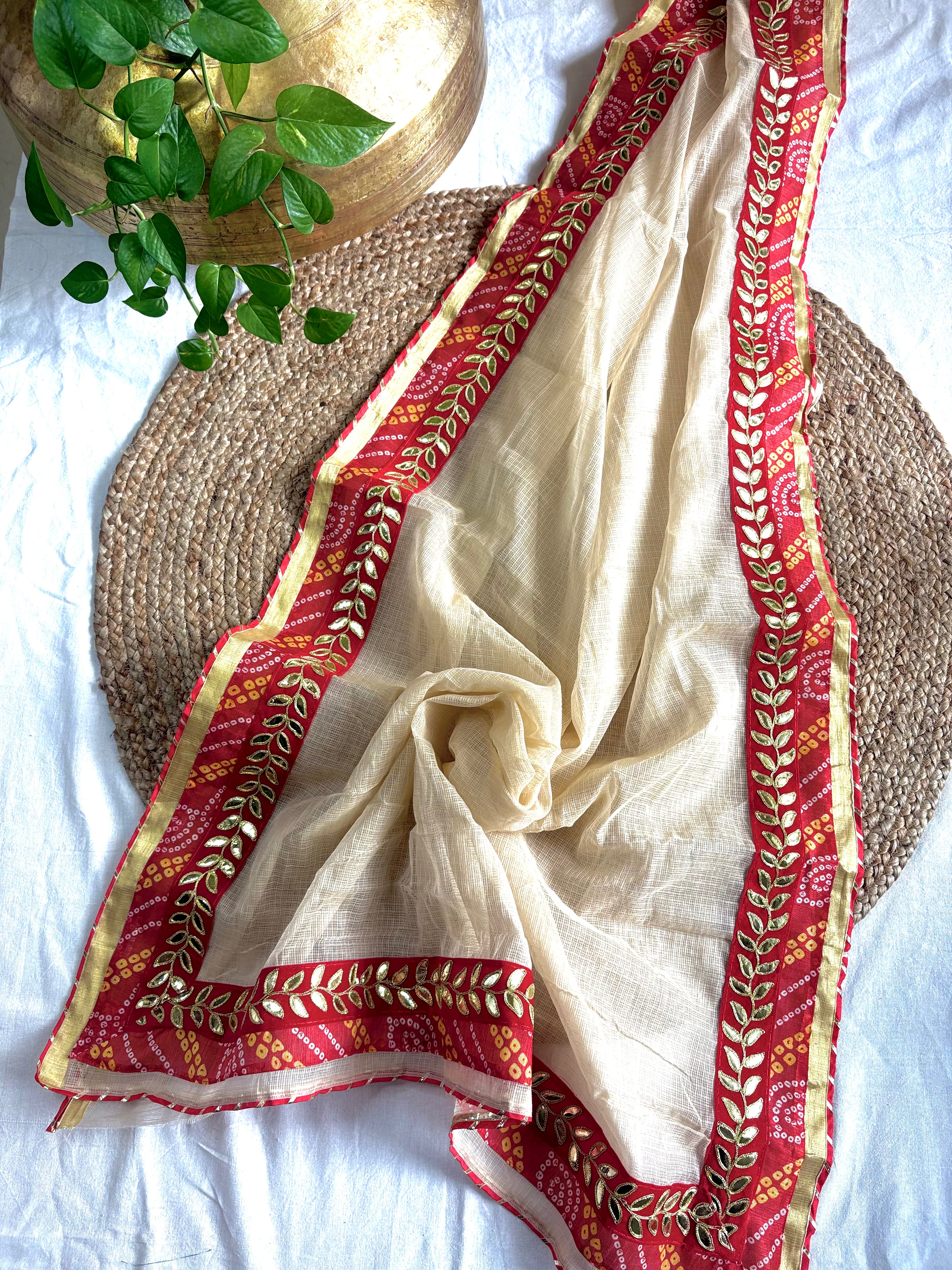 Beige colour Kota Doria Gota Patti Saree