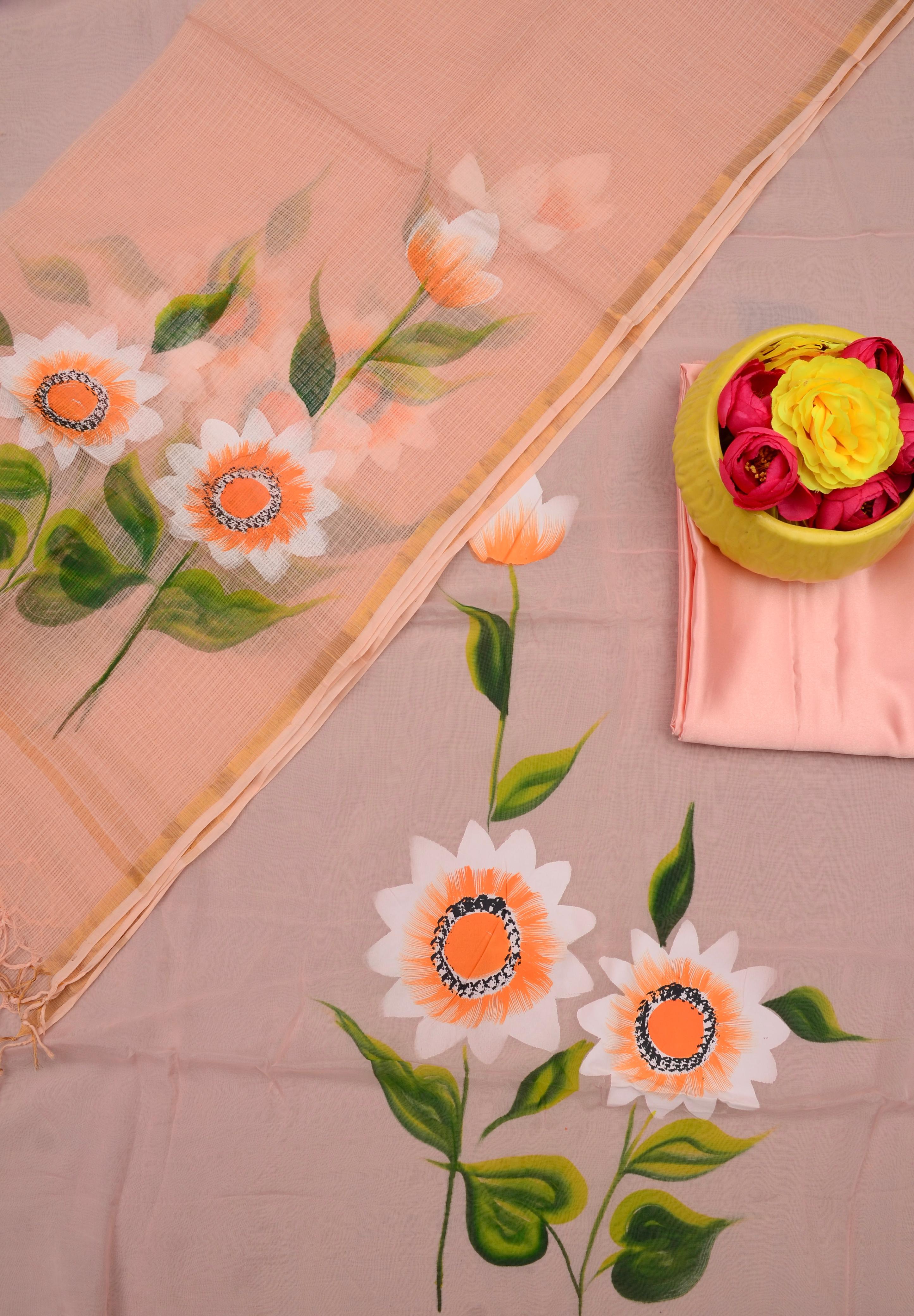 Peach color Hand Painted Cotton Kota Doria Suit With Dupatta