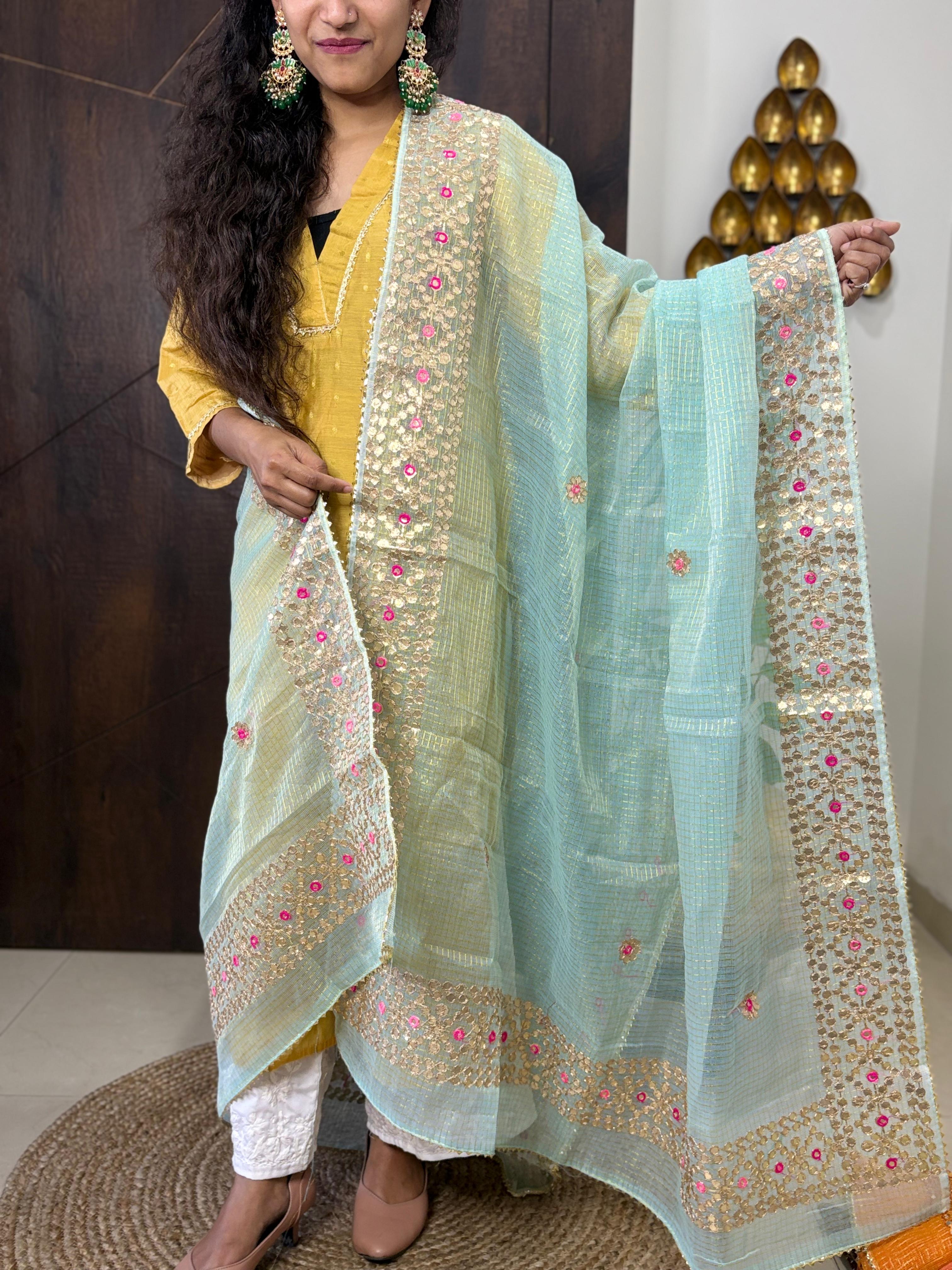 Sky Blue Kota Doria Heavy Gota Patti Work Dupatta