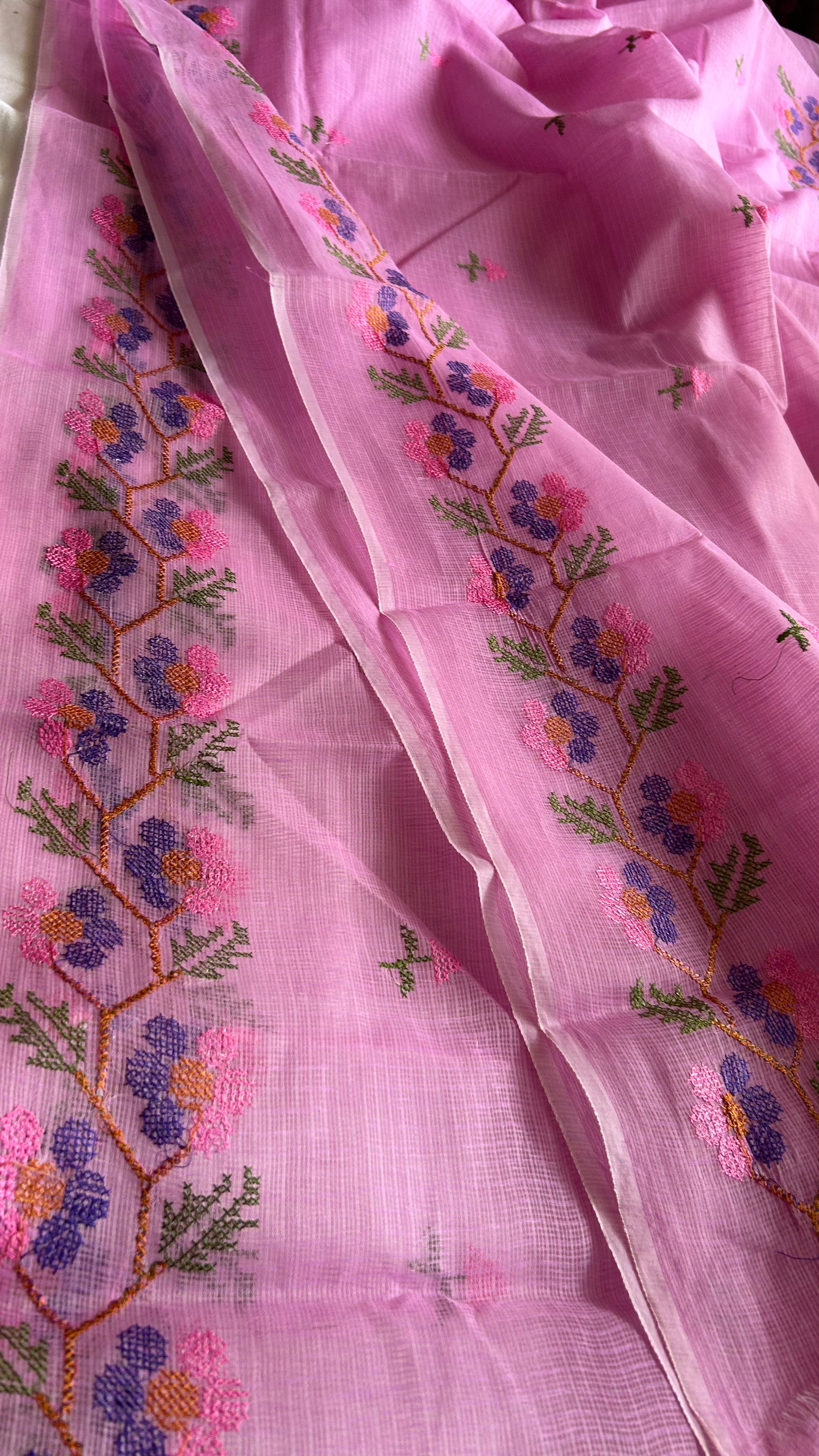 Cross Stitch Kota Doria Embroidery Work Saree In Pink
