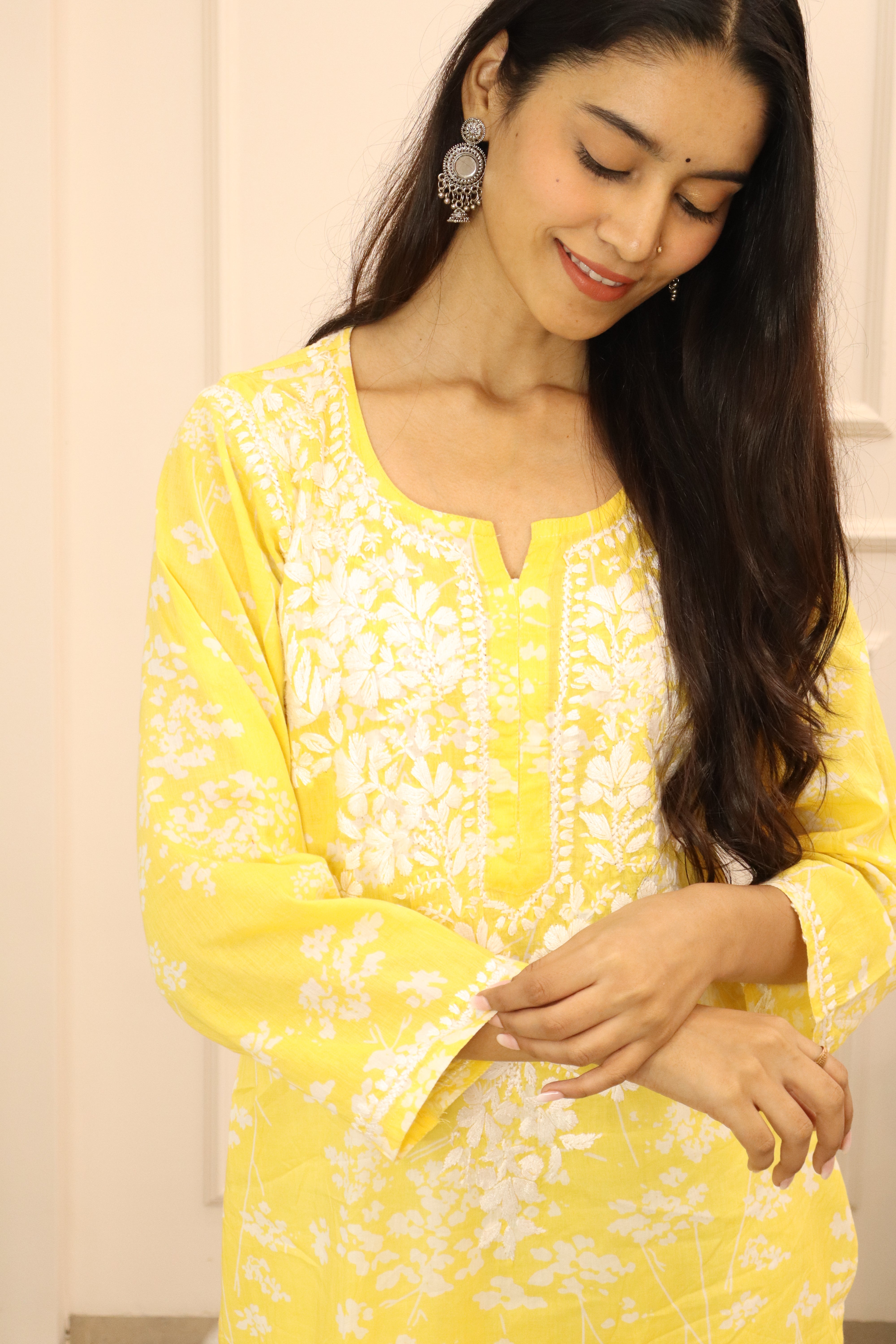 Yellow  floral mul cotton chikankari kurti (only kurti)