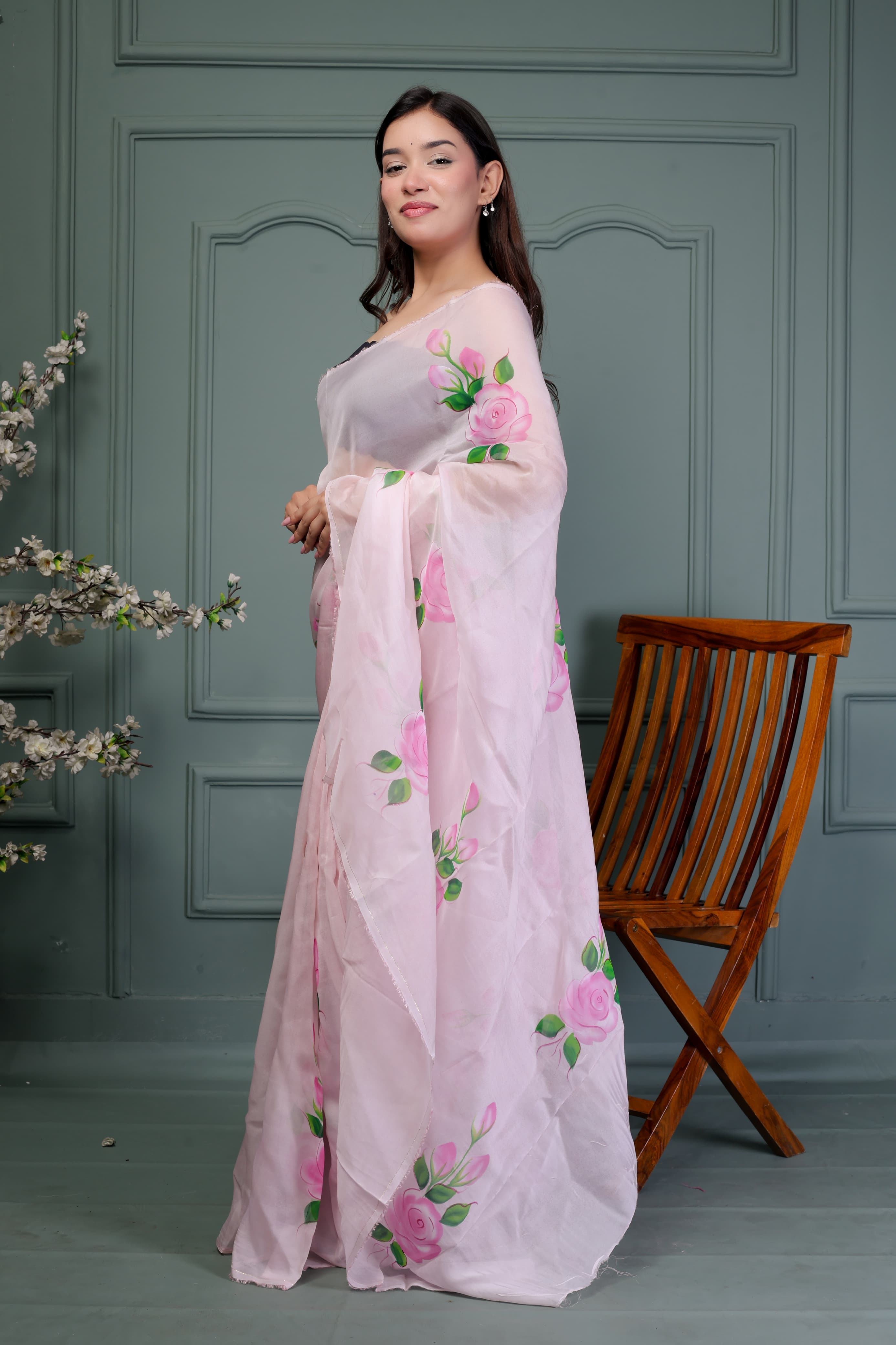 Organza Hand Painted Saree In pink