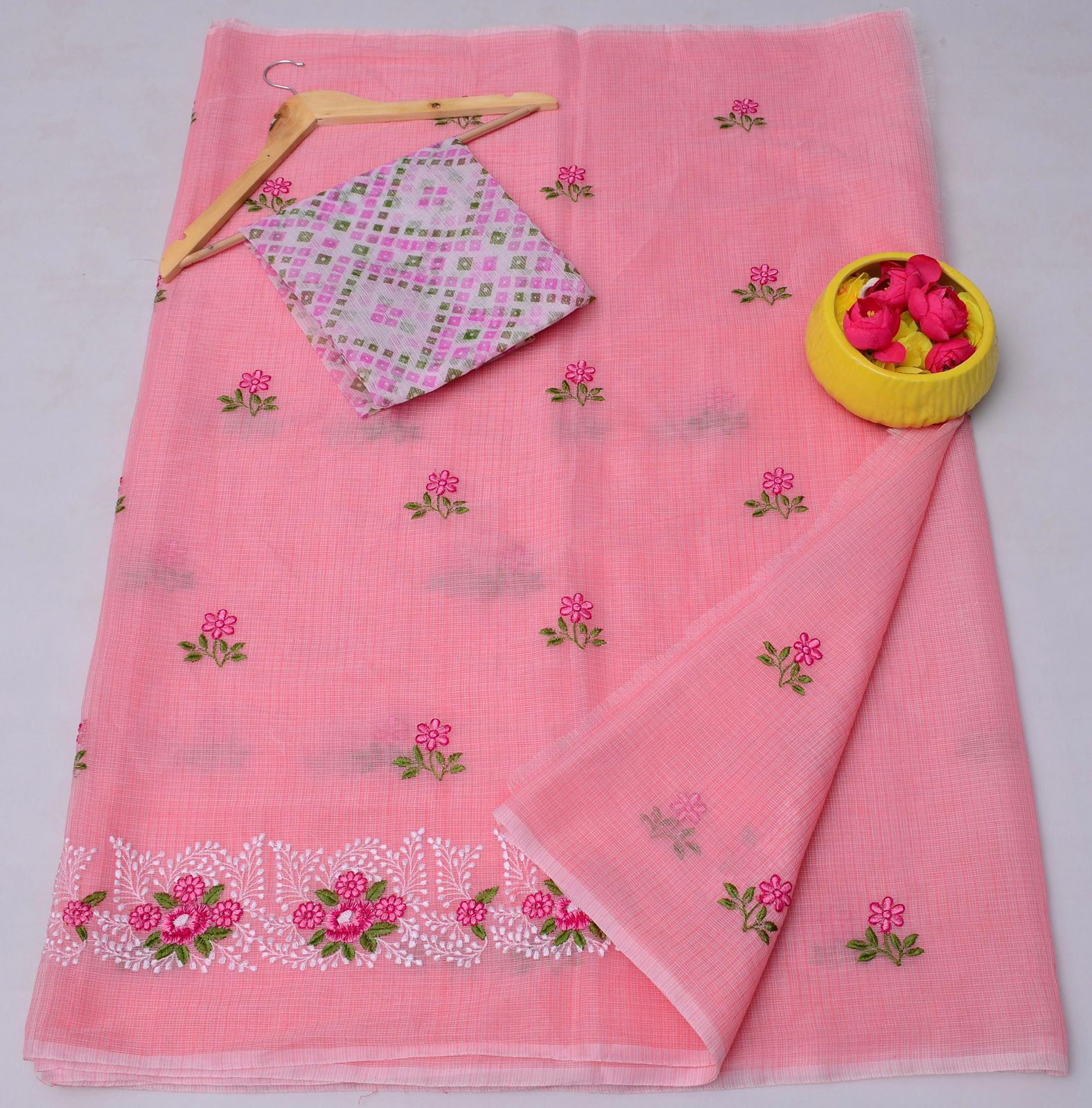 Pink Kota Doria Embroidery Work Saree