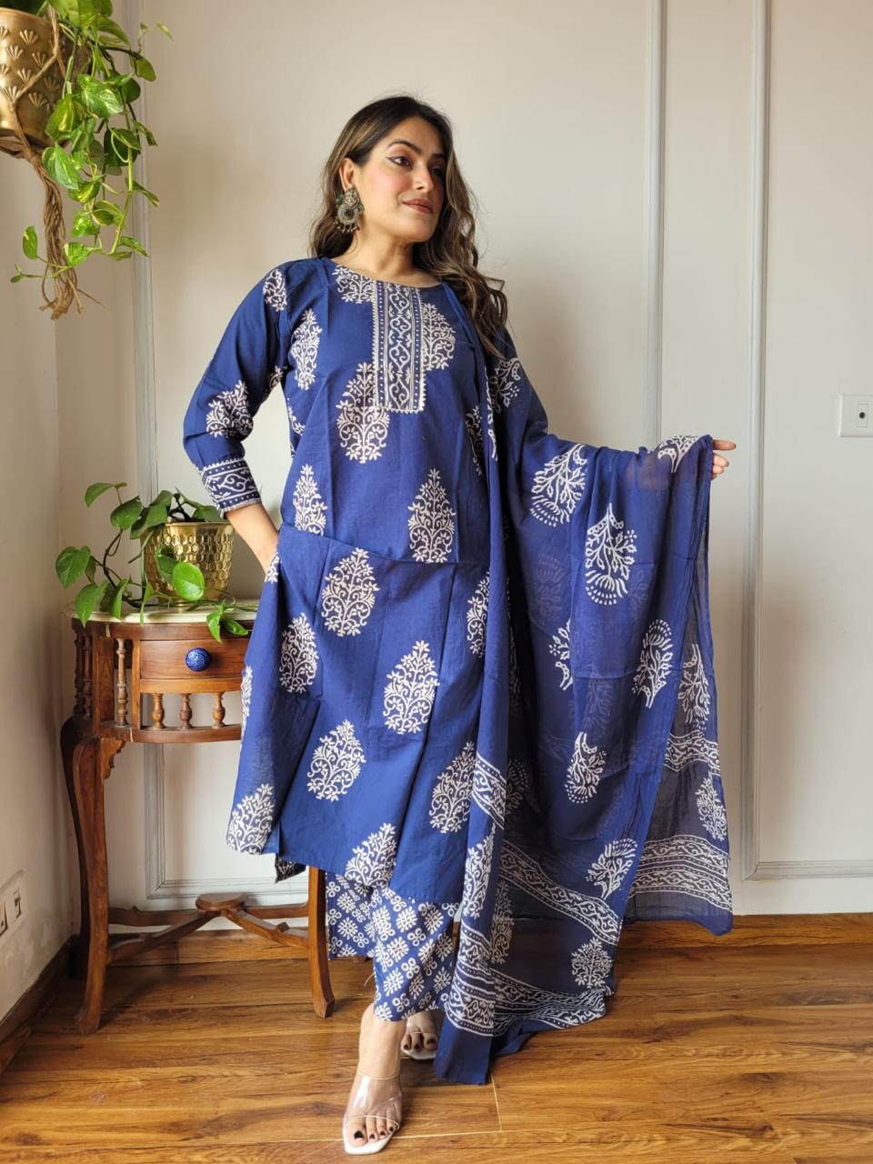 Blue Block Print Suit Set With Dupatta