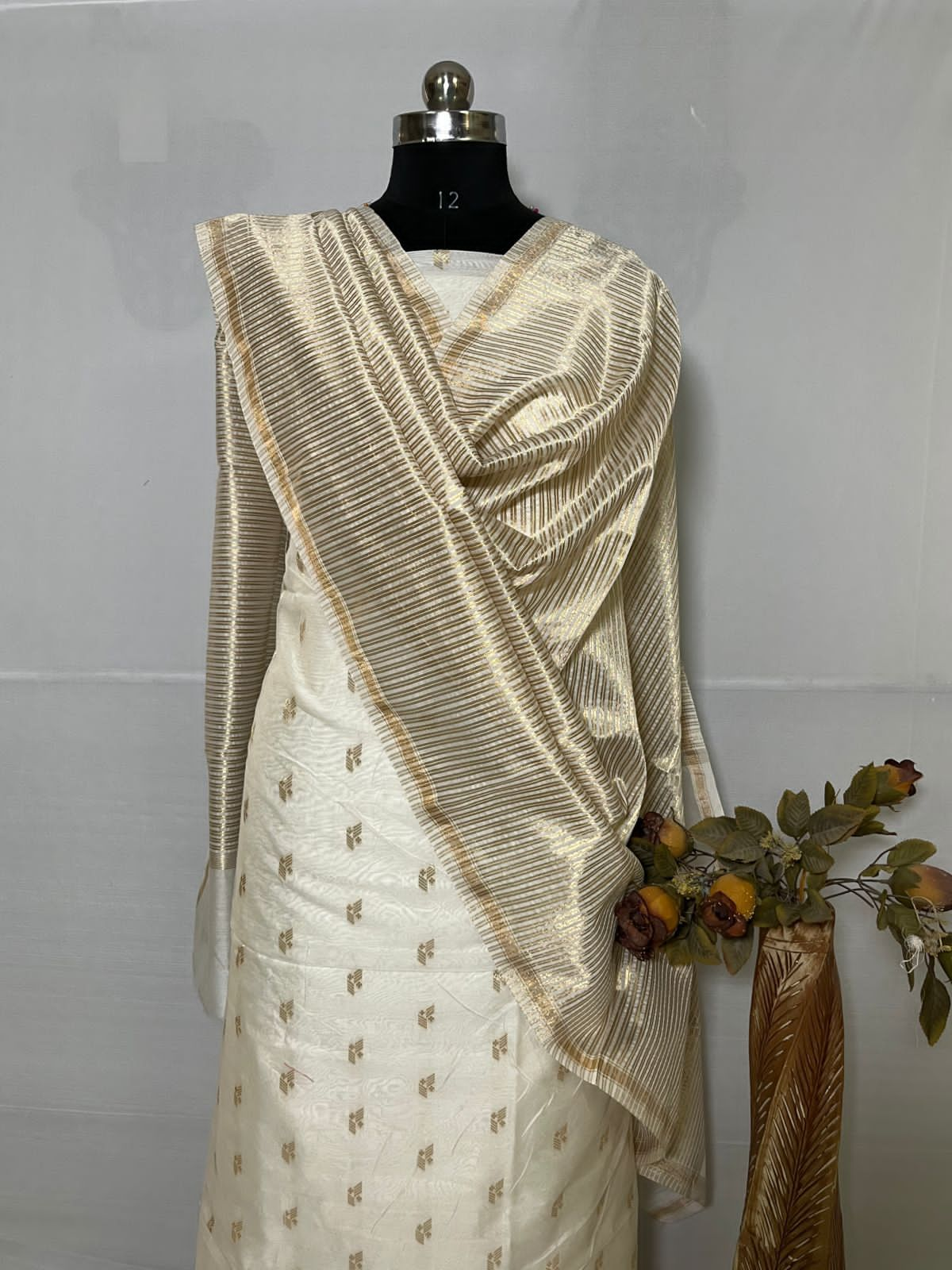 Off white Suit in Chanderi Silk With Zari Weaving And Pure Kota Dupatta