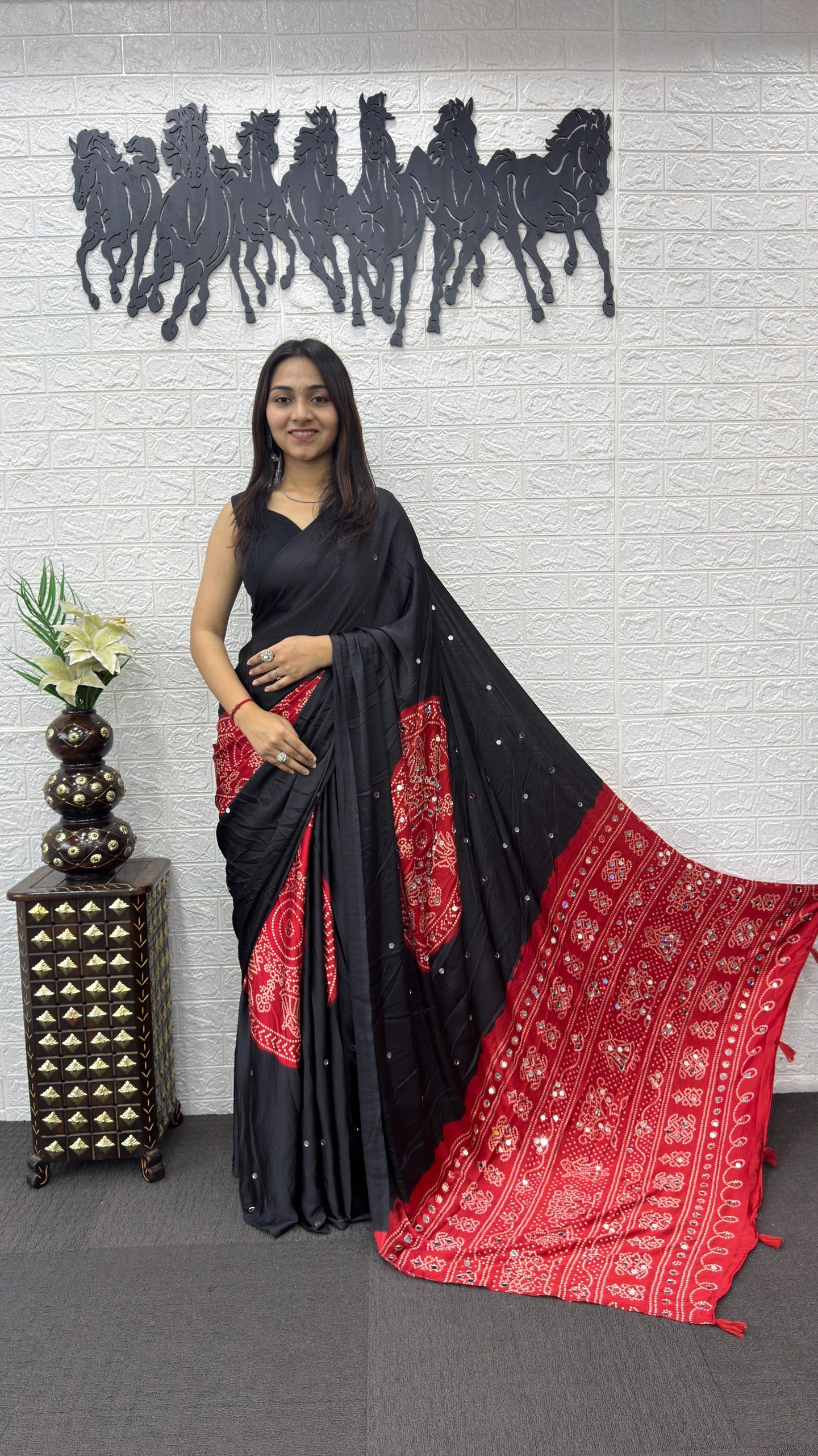 Black Bandhani print Mirror Work Satin Silk Saree