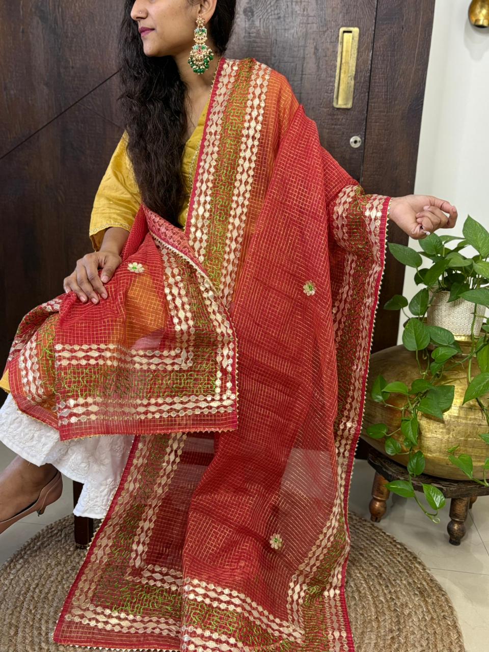 Red Kota Doria Heavy Gota Patti Work Dupatta