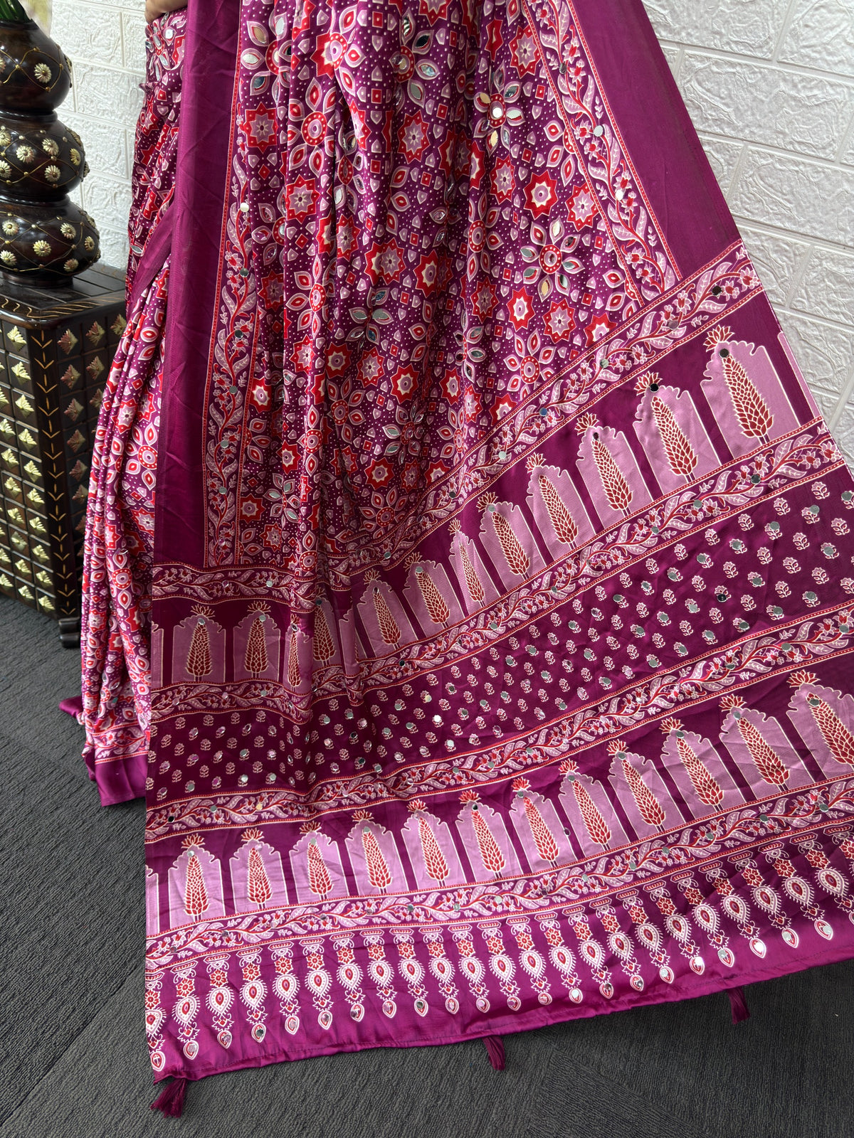 Maroon Ajrakh Print Mirror Work Satin Silk Saree